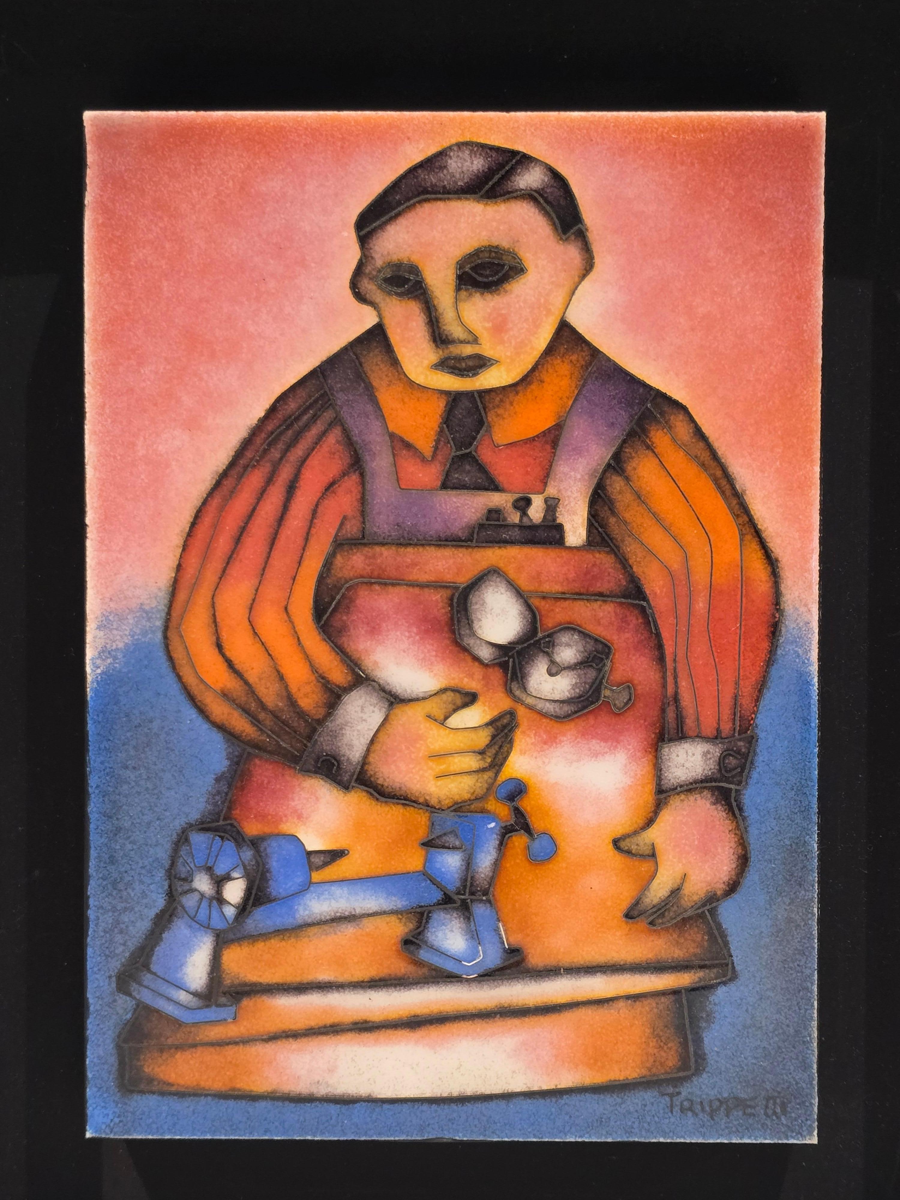 Silver enamel on copper by renowned enamel artist Joseph Trippetti.  Signed lower right. Enamel plaque in excellent condition.  One small hairline cracks to top of frame as shown.   Housed in original walnut frame from the artist.   