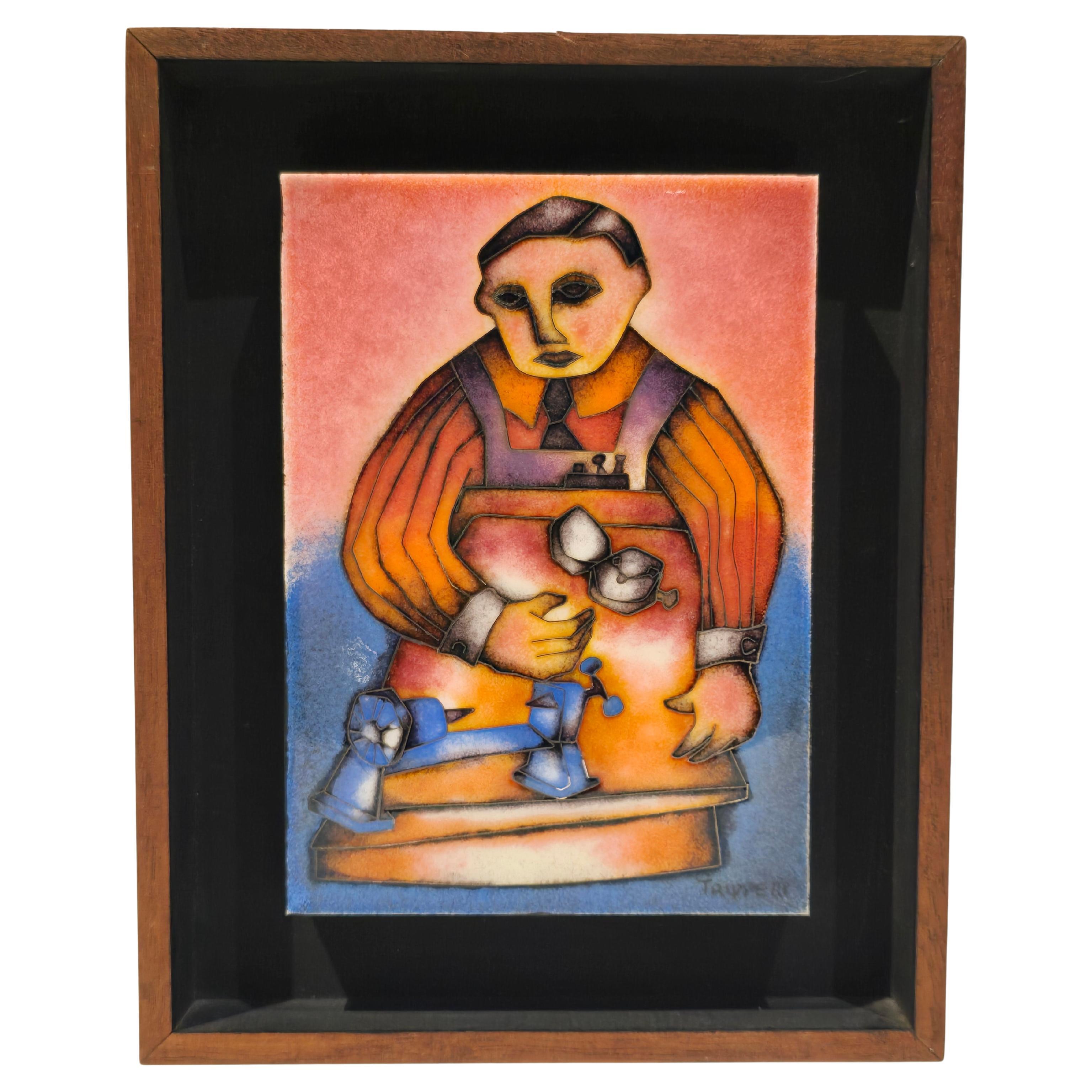 Joseph Trippetti  Framed Silver Enamel on Copper  Plaque Picture Watchmaker en vente