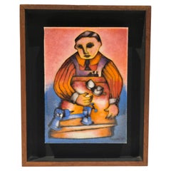 Vintage Joseph Trippetti  Framed Silver Enamel on Copper  Plaque Picture Watchmaker