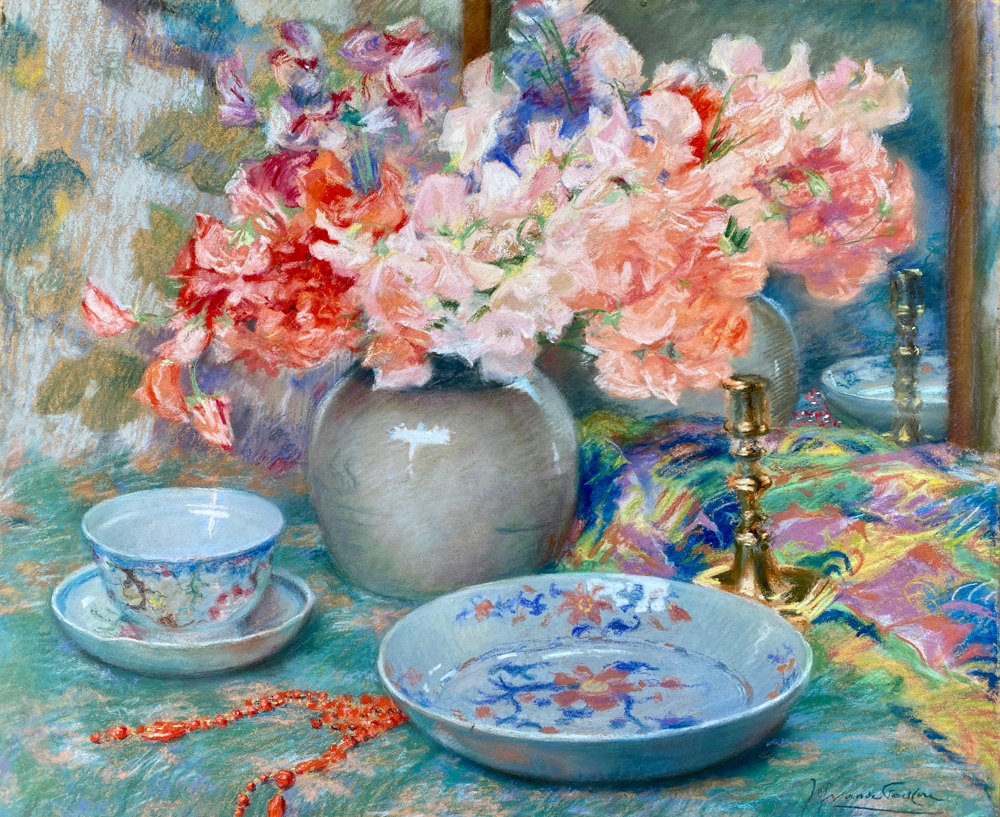 Joseph Vande Fackere, Bruges 1879 – 1946, Les Fleurs et Accessoires, Pastel For Sale 1