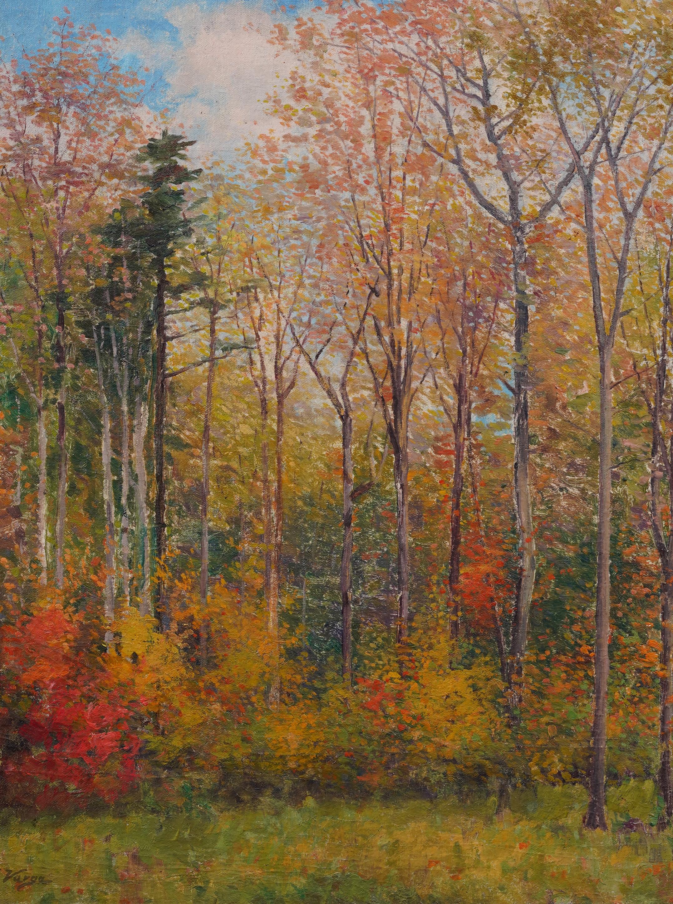 Antiguo óleo de paisaje impresionista americano. Óleo sobre lienzo. Firmado. Enmarcado. Mide 27 por 31 pulgadas en total y 21,5 por 26 pintando solo. 