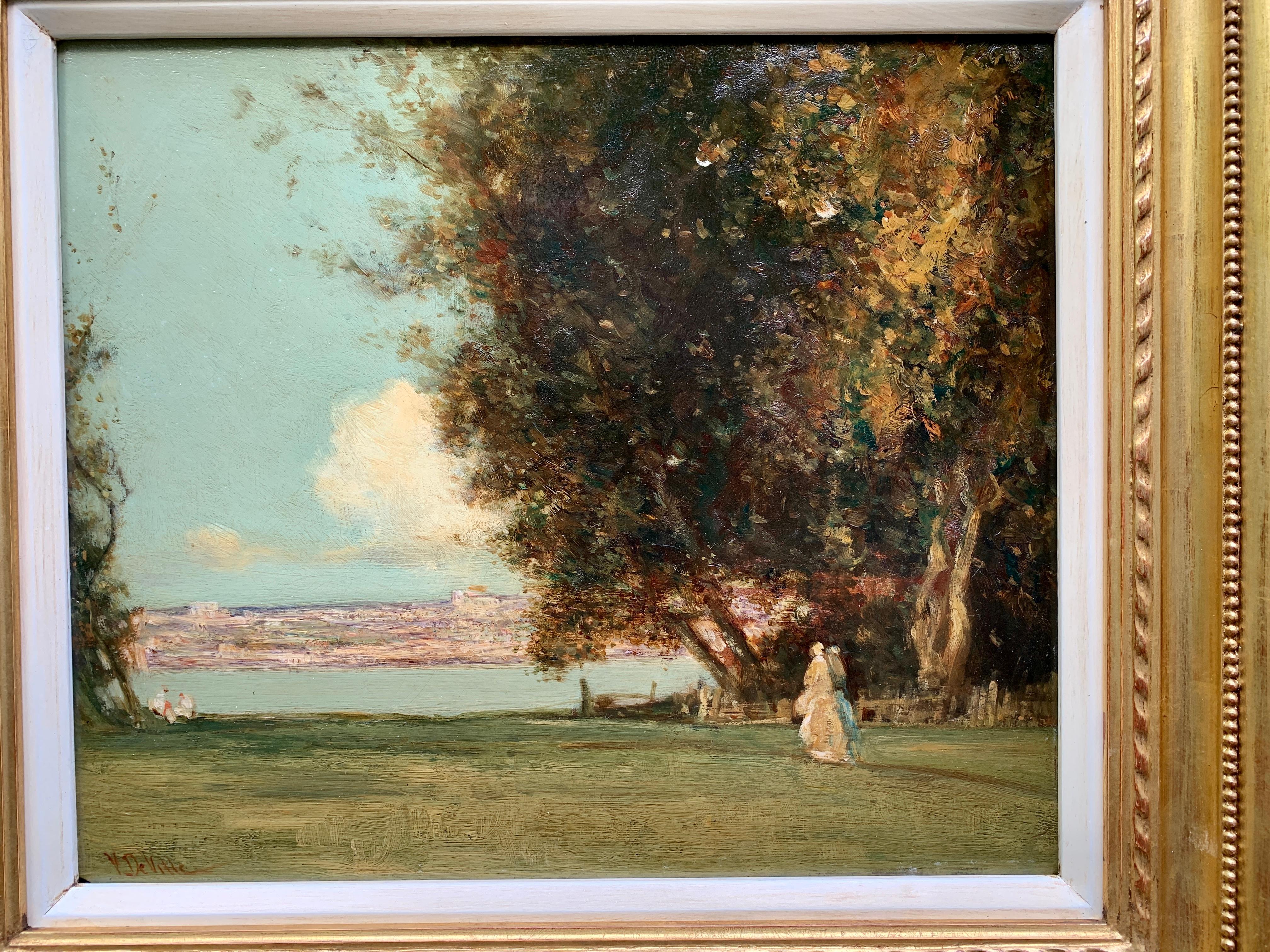 Antique 19th century English Impressionist classical landscape with figures  - Painting by Joseph Vickers De Ville