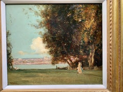 Antique 19th century English Impressionist classical landscape with figures
