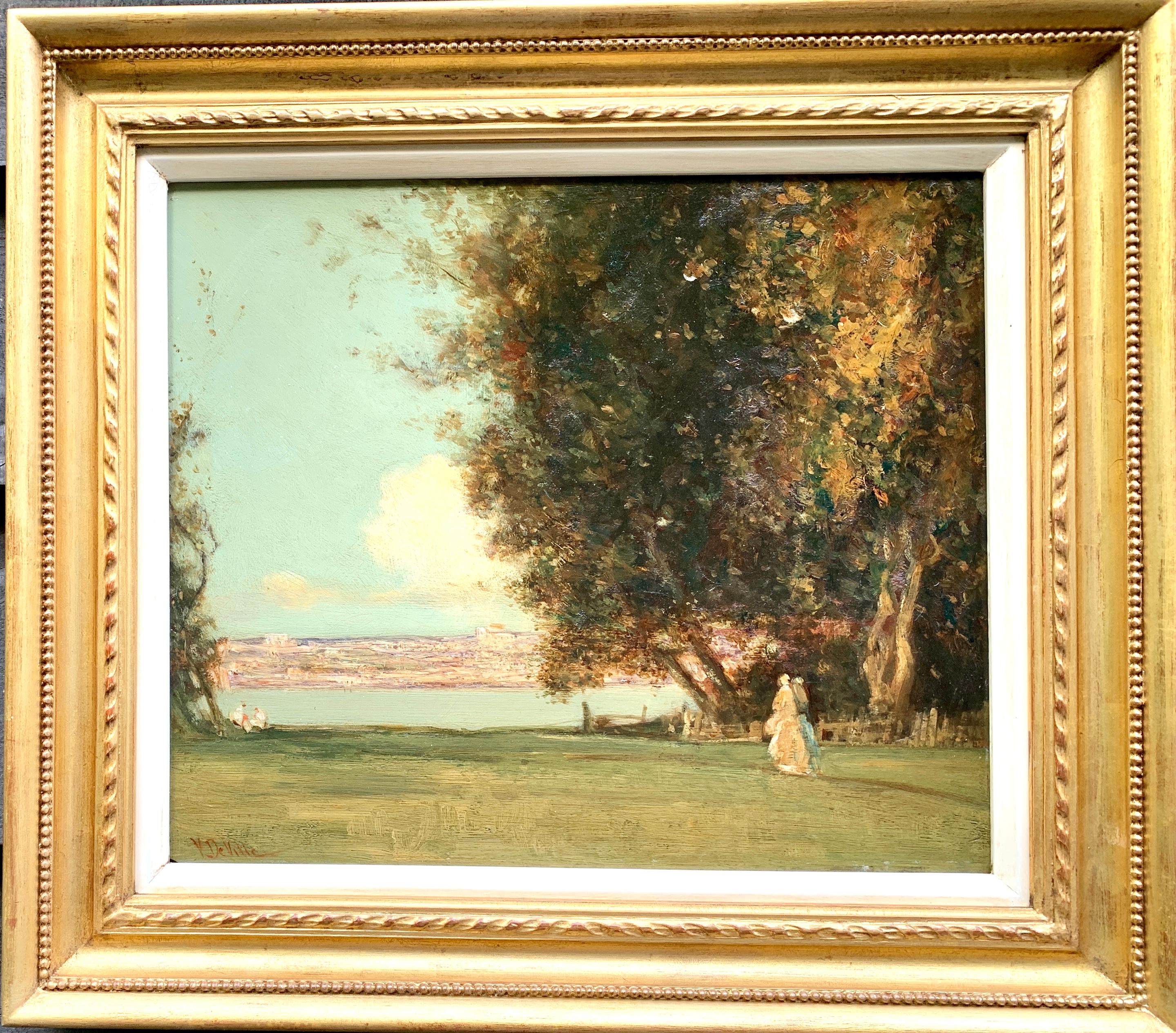 Antique 19th century English Impressionist classical landscape with figures 