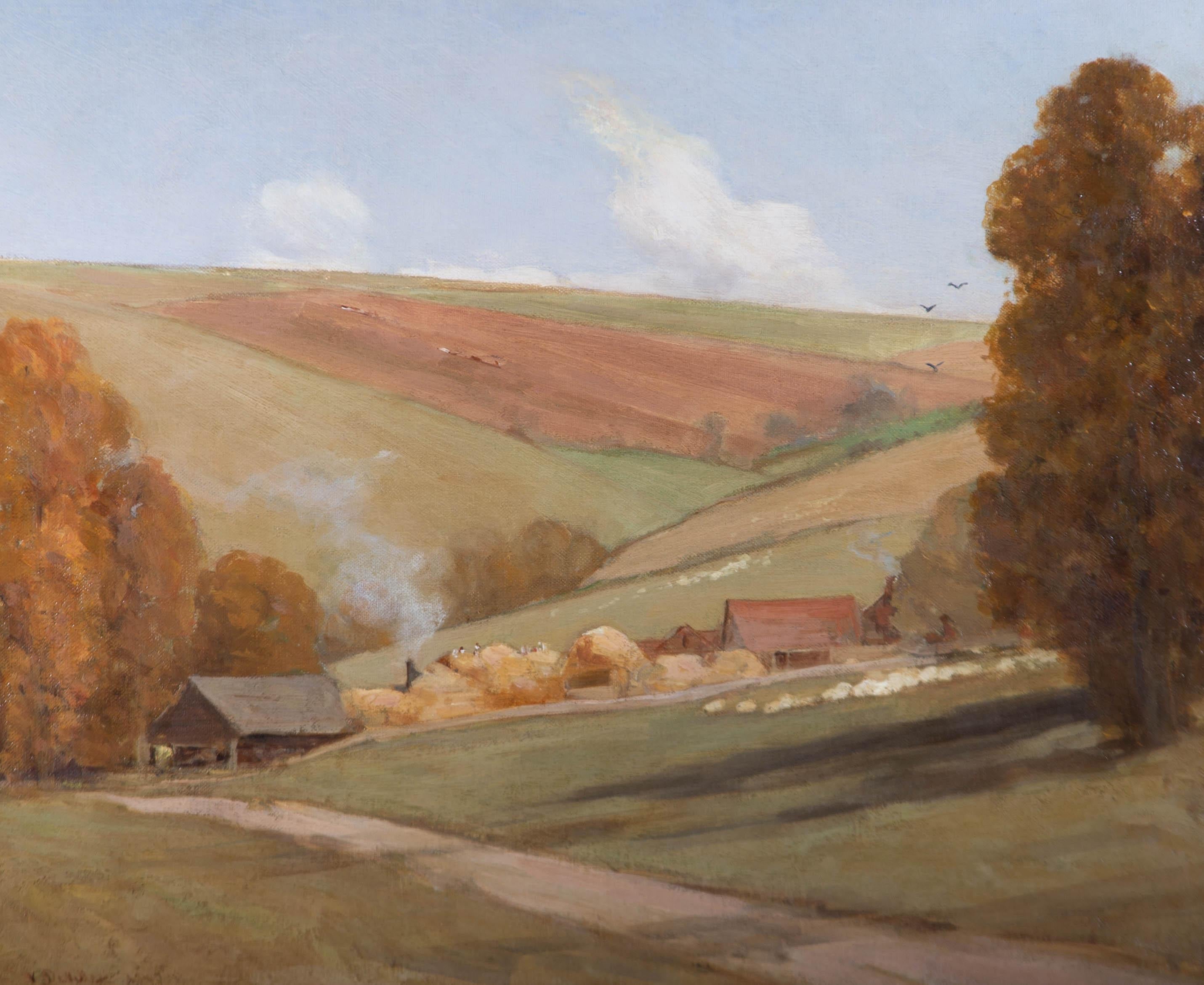 A fine Autumnal landscape showing smoke billowing from the chimney of a farm where giant piles of wheat are being threshed. Sheep flock on the surrounding hills and white clouds float over the tops of the trees with their leaves turning orange and