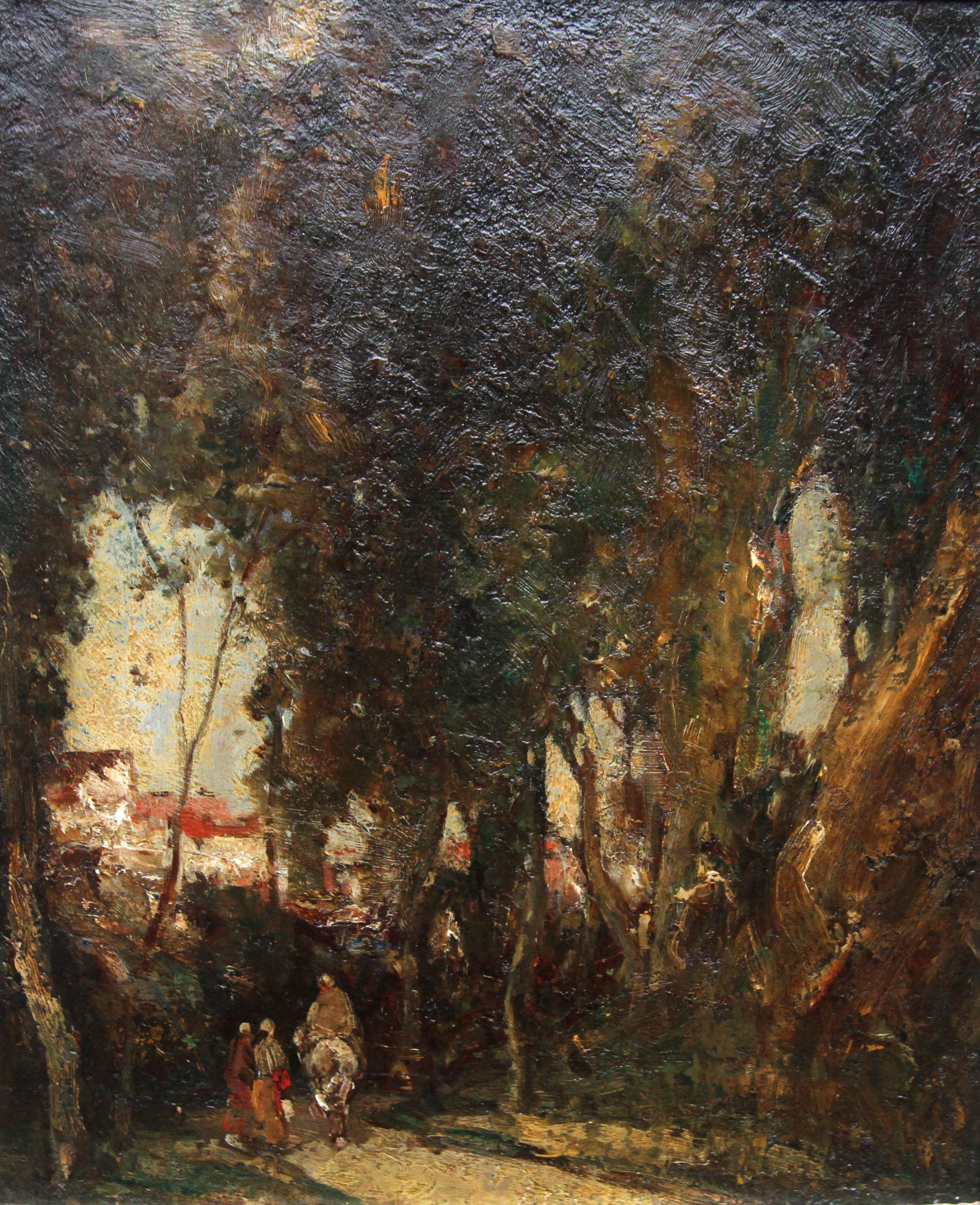 Village Gossip - Arte británico de principios del siglo XX Paisaje arbolado Pintura al óleo - Painting de Joseph Vickers De Ville