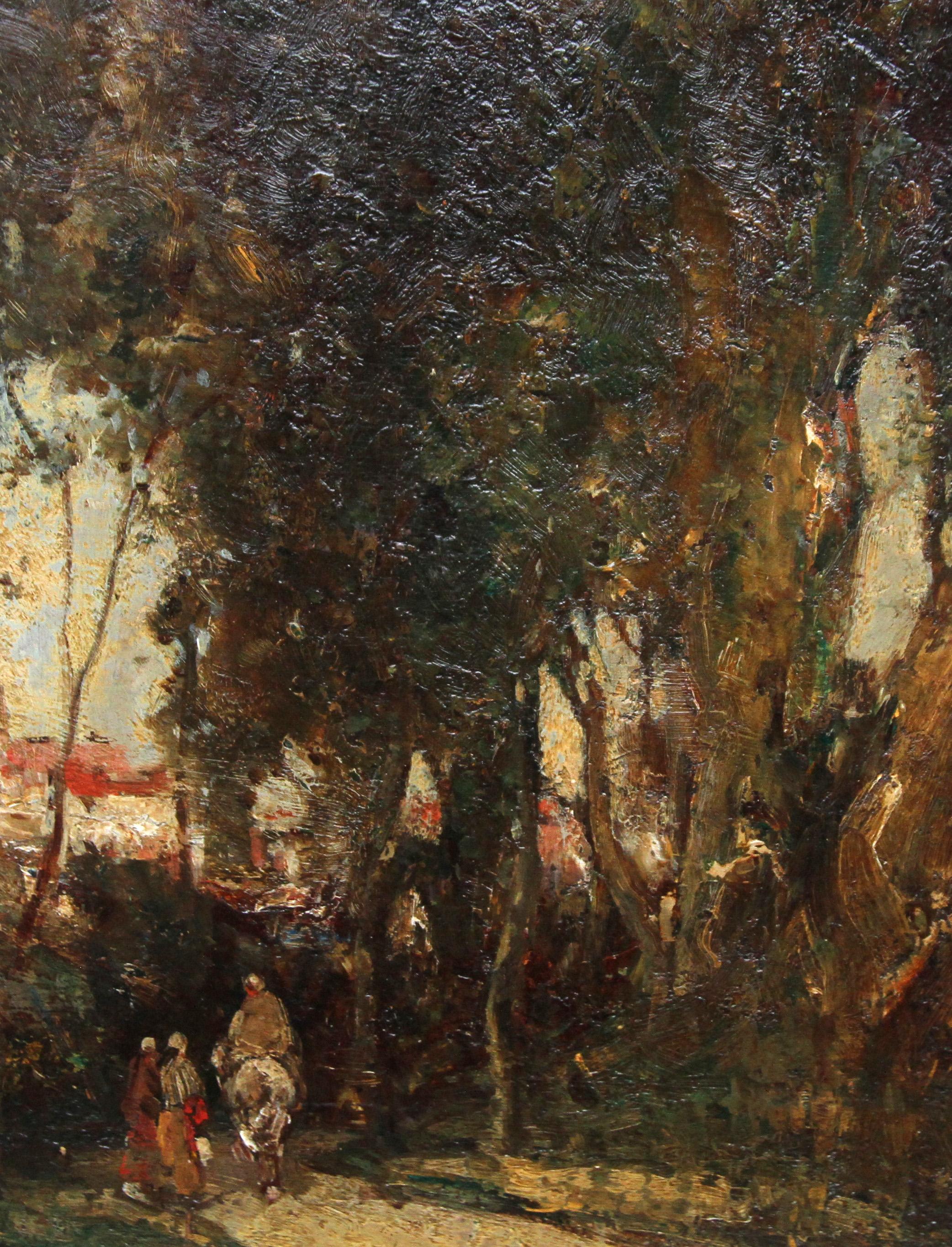 Village Gossip - Arte británico de principios del siglo XX Paisaje arbolado Pintura al óleo - Painting Realista de Joseph Vickers De Ville