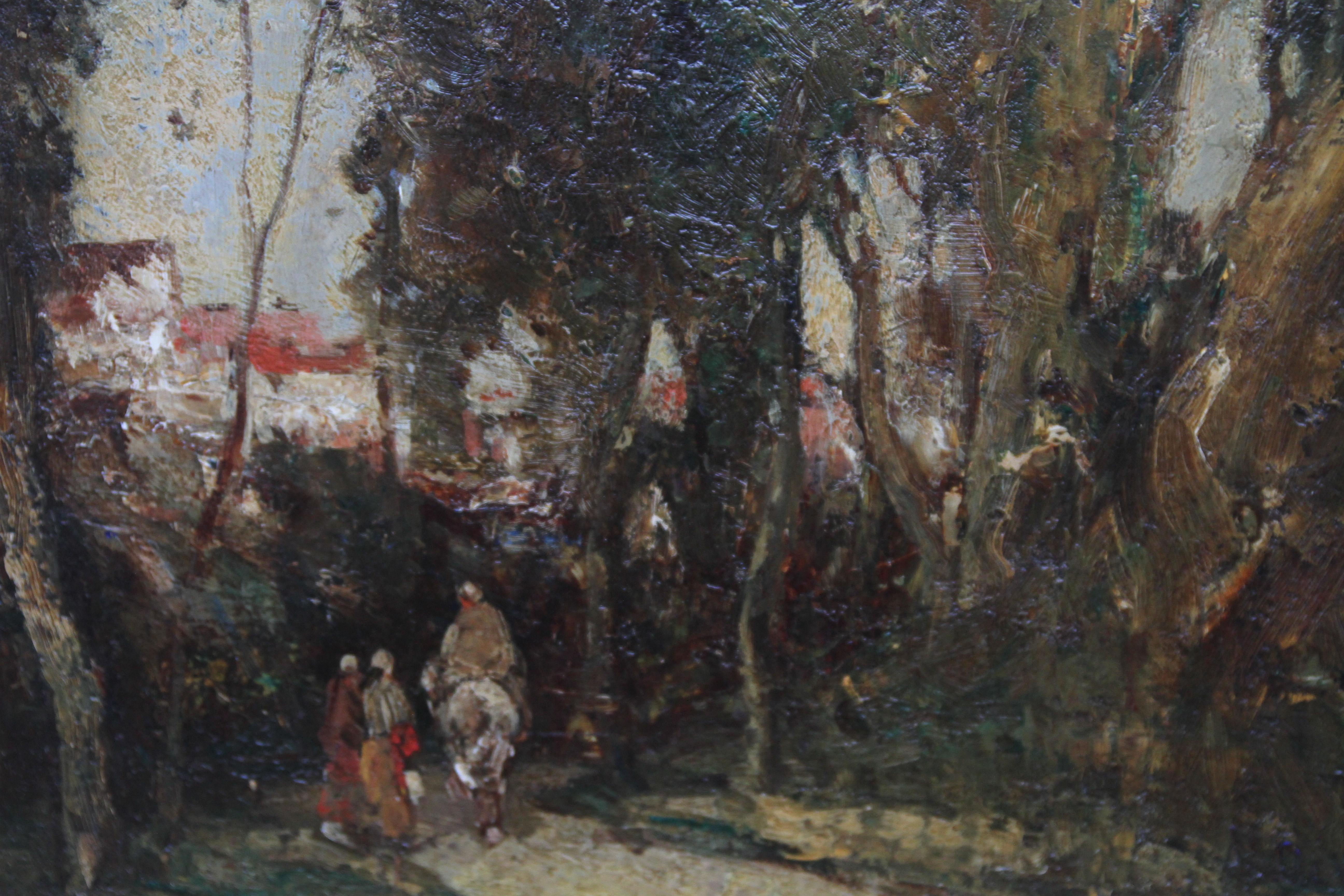 Village Gossip - Arte británico de principios del siglo XX Paisaje arbolado Pintura al óleo en venta 1
