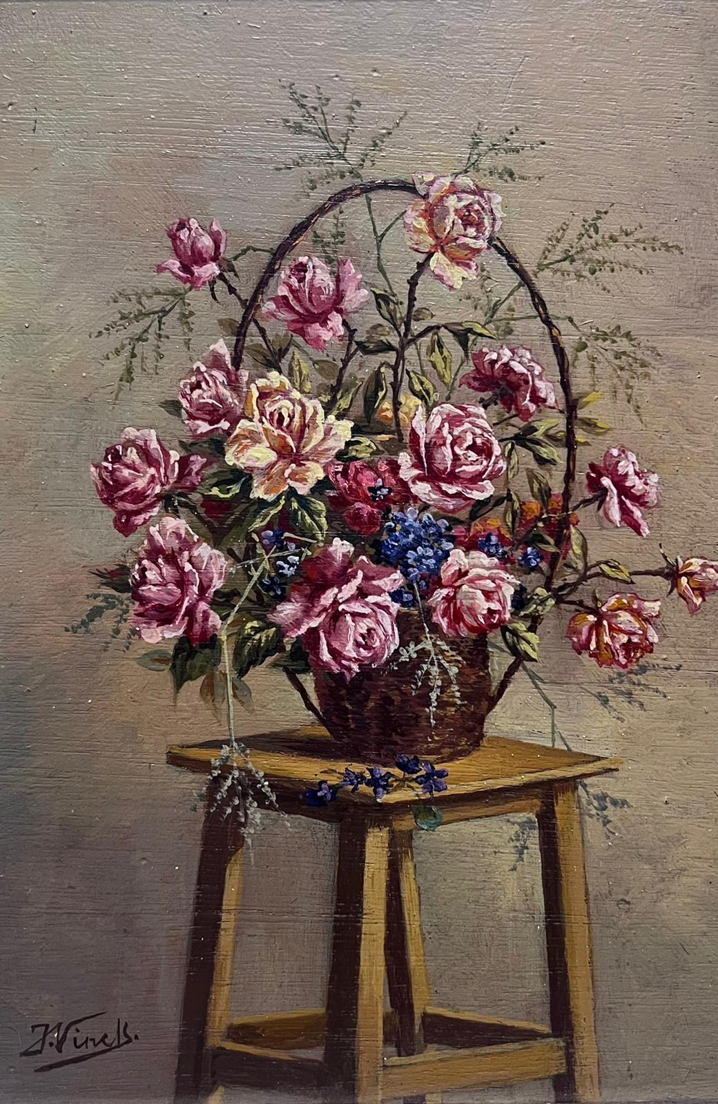 Vintage French Signed Oil Roses in Basket on Wooden Stool Gilt Framed - Painting by Joseph Vinck