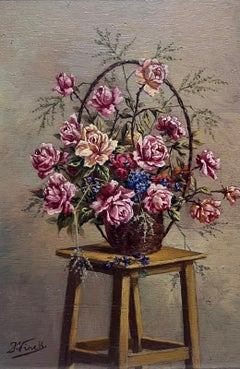 Vintage French Signed Oil Roses in Basket on Wooden Stool Gilt Framed
