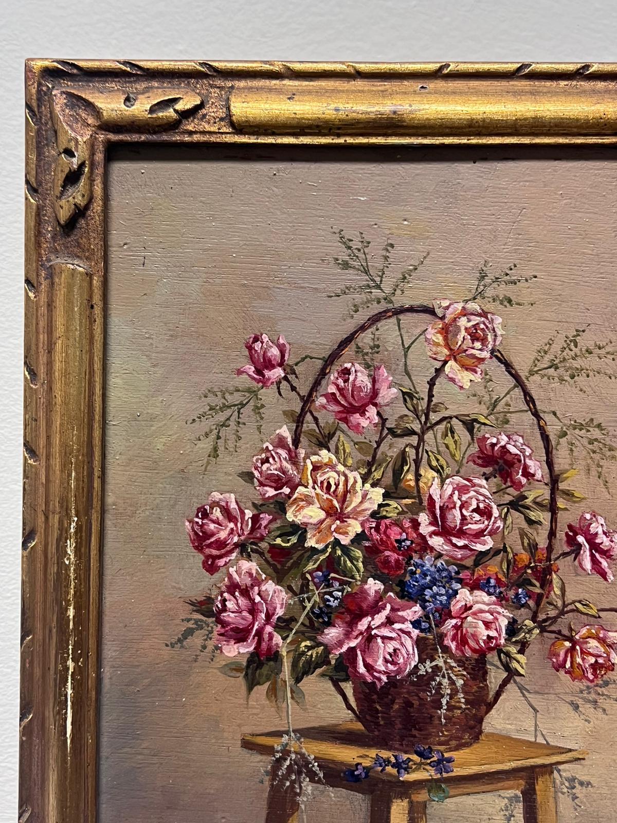 Vintage French Signed Oil Roses in Basket on Wooden Stool Gilt Framed - Impressionist Painting by Joseph Vinck