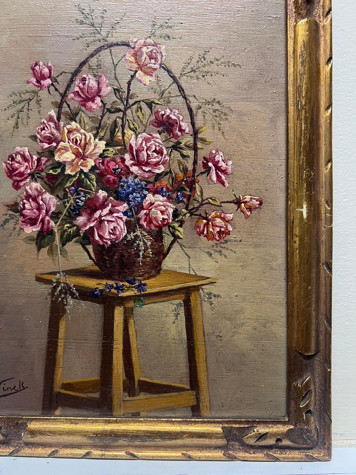 Vintage French Signed Oil Roses in Basket on Wooden Stool Gilt Framed For Sale 1