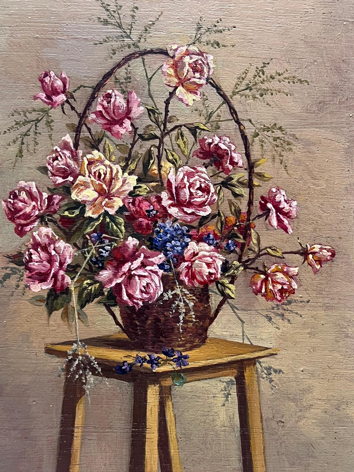 Vintage French Signed Oil Roses in Basket on Wooden Stool Gilt Framed For Sale 2