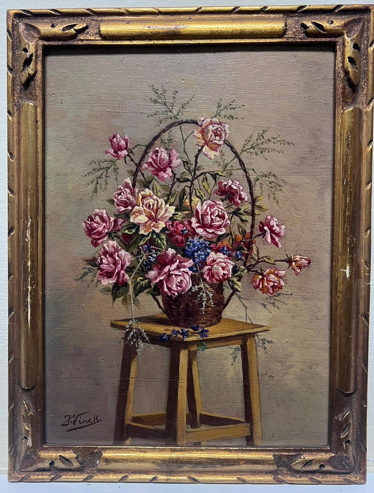 Joseph Vinck Still-Life Painting - Vintage French Signed Oil Roses in Basket on Wooden Stool Gilt Framed