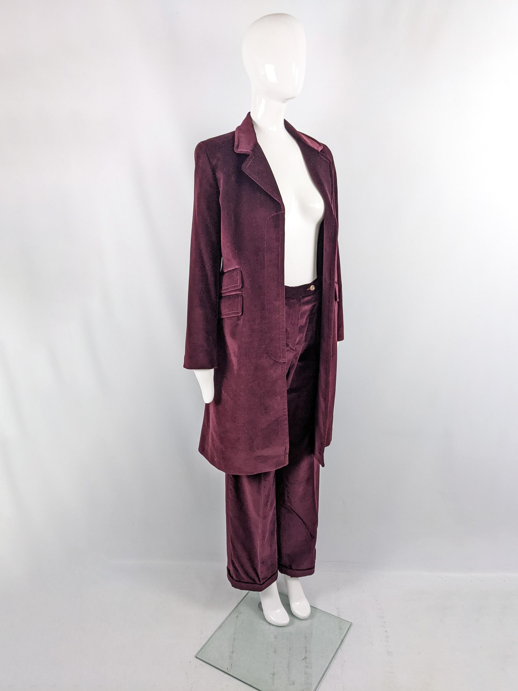 Black Joseph Vintage 1990s Wine Red Velvet 2 Piece Womens Wide Leg Trouser Pant Suit