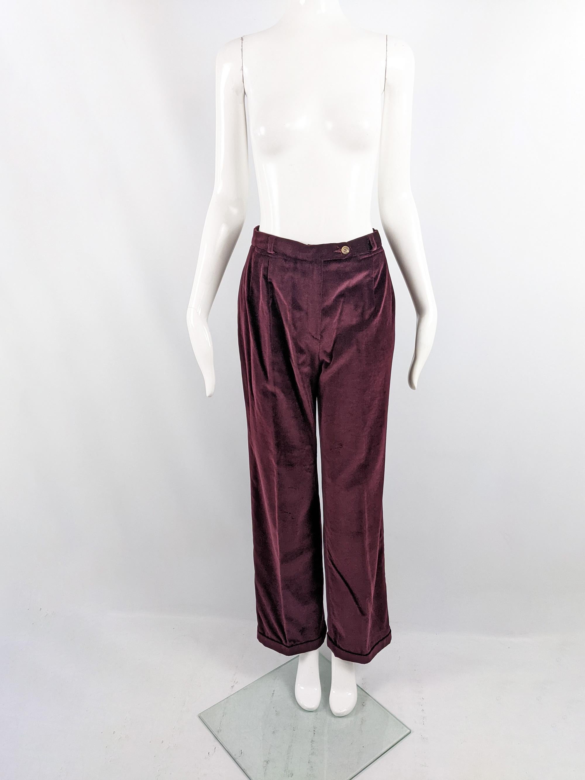 Joseph Vintage 1990s Wine Red Velvet 2 Piece Womens Wide Leg Trouser Pant Suit In Excellent Condition In Doncaster, South Yorkshire