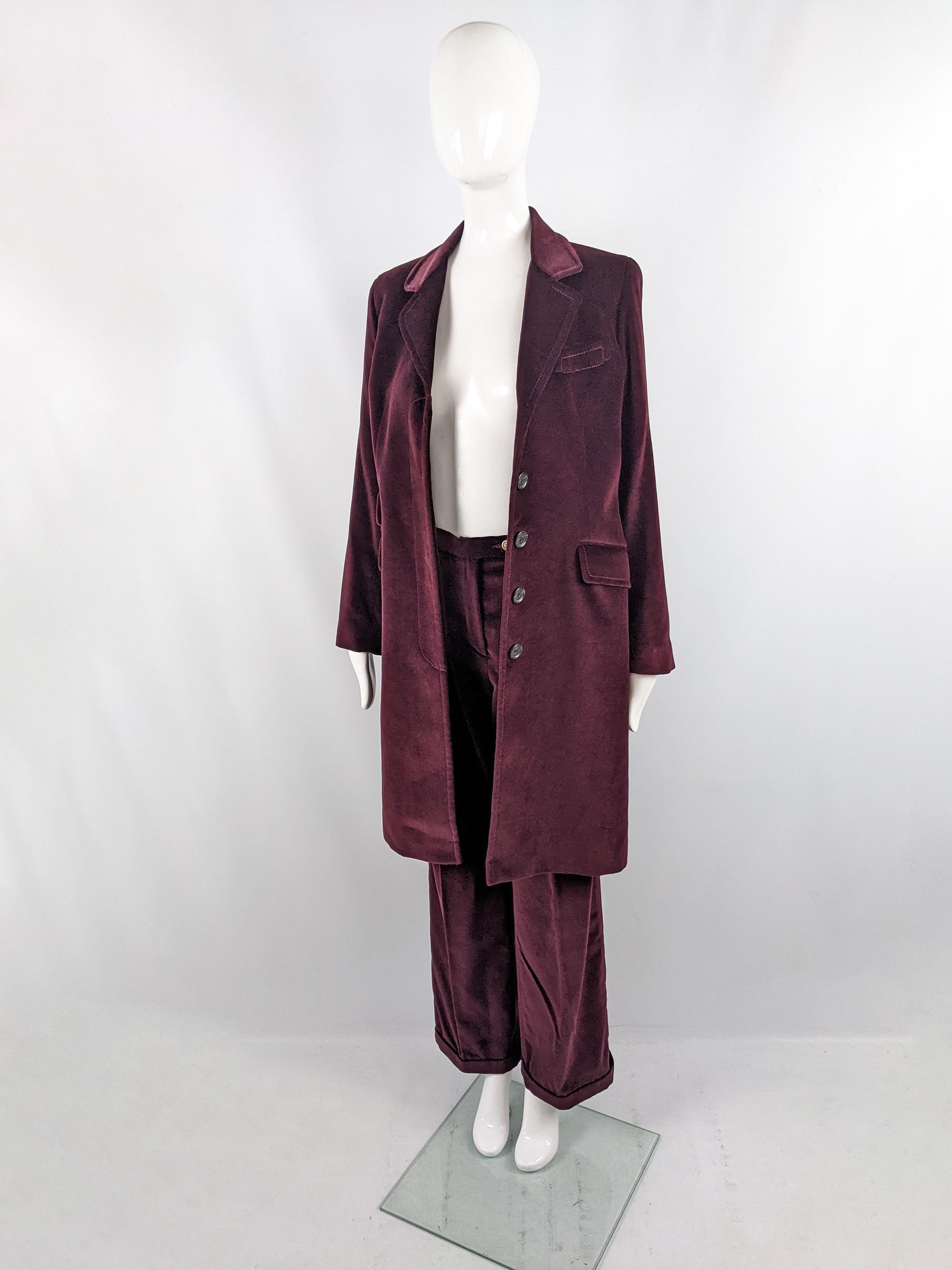 Joseph Vintage 1990s Wine Red Velvet 2 Piece Womens Wide Leg Trouser Pant Suit 1