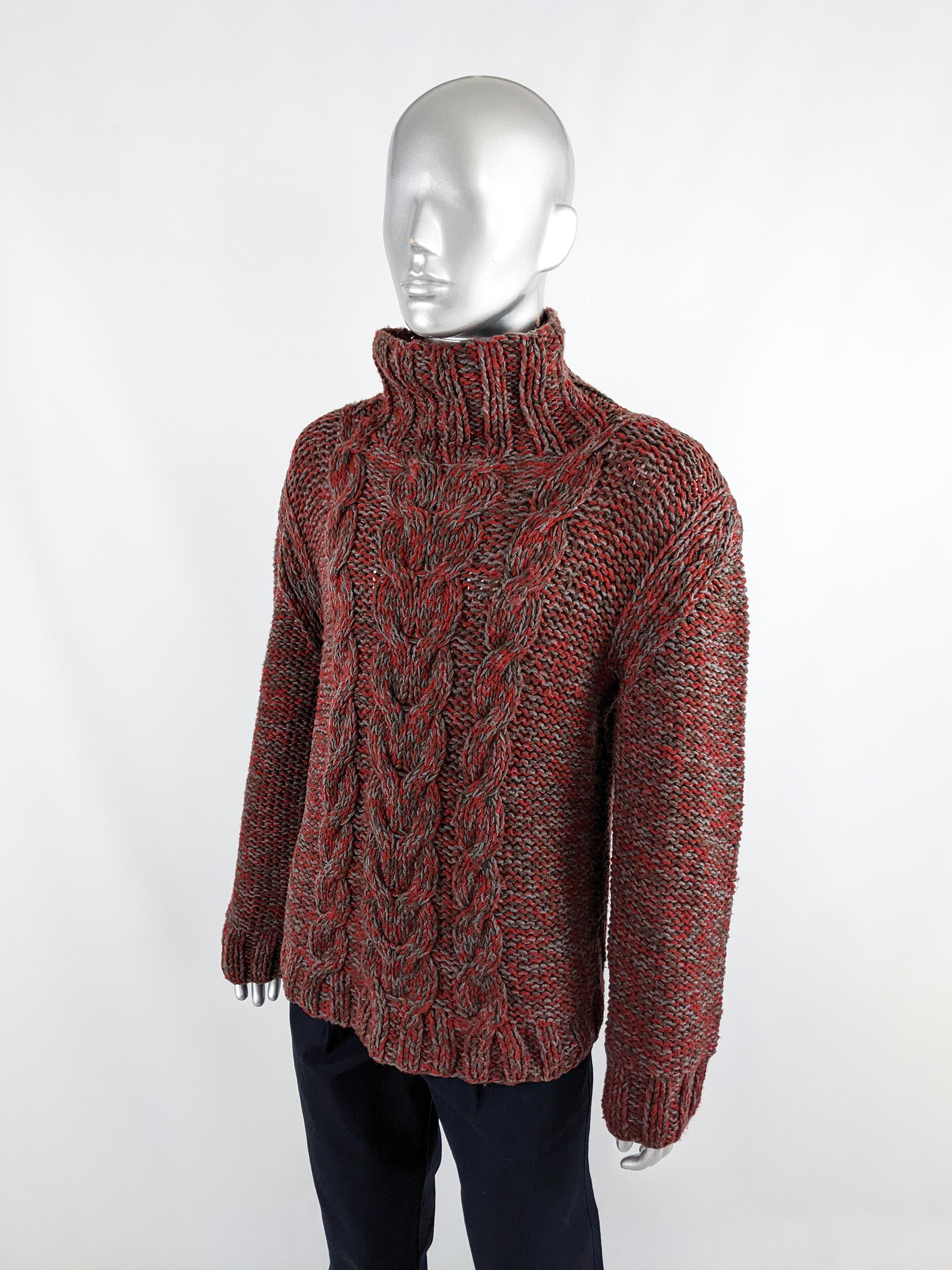 Brown Joseph Vintage Mens 1990s Red Cable Knit Knitwear Sweater 