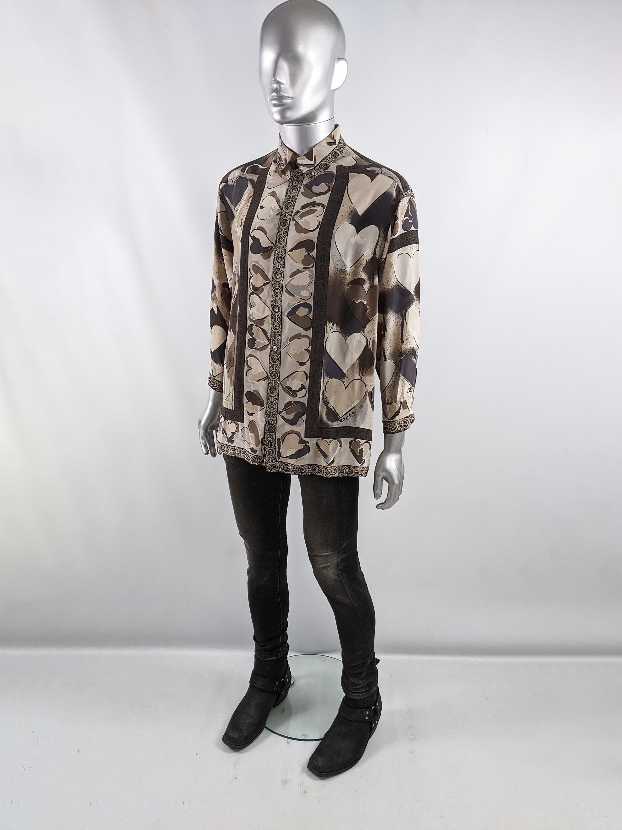 Gray Joseph Vintage Mens Pure Silk Brown Love Heart Oversized Shirt, 1980s For Sale