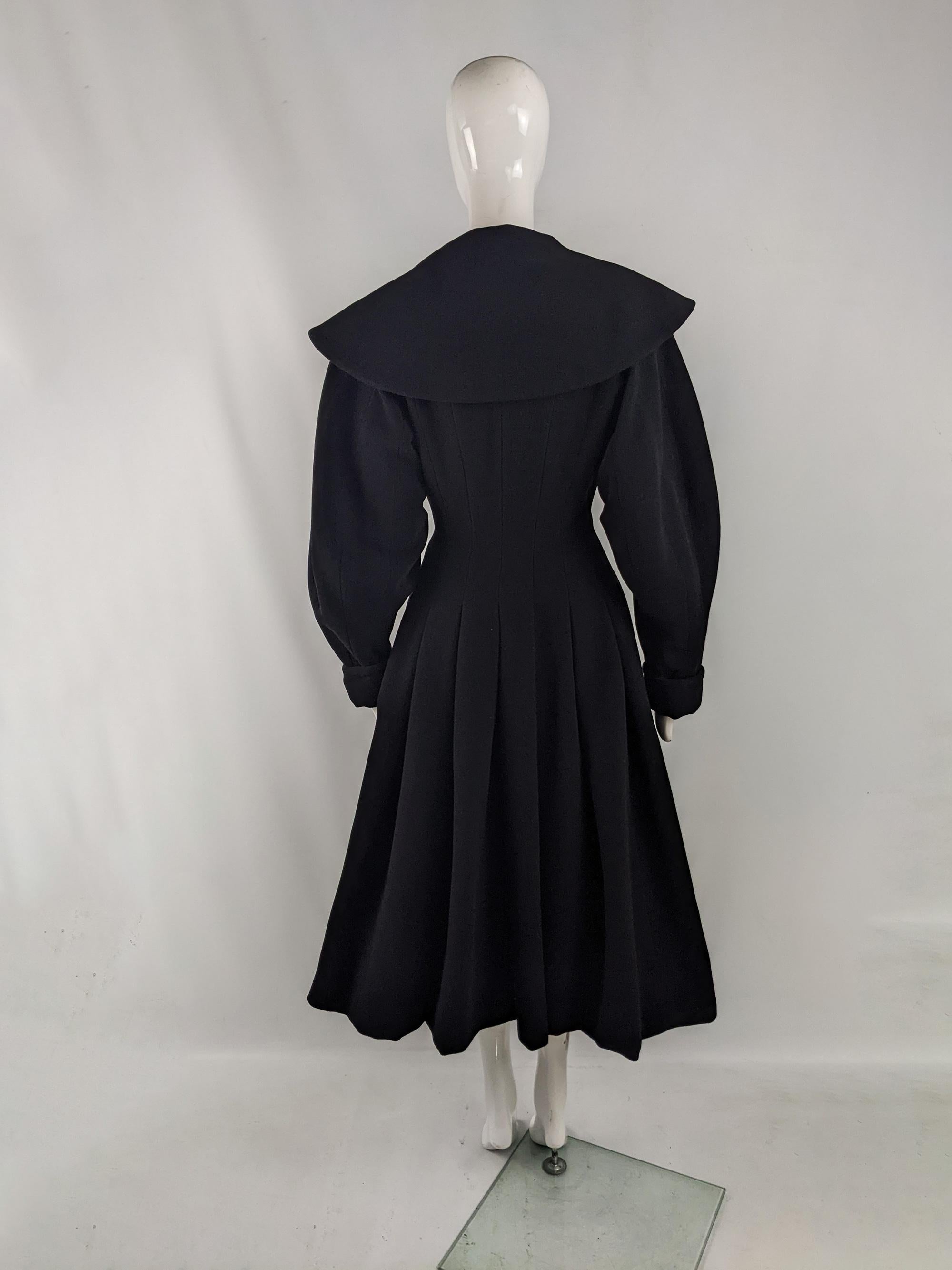 Joseph Vintage Womens Black Heavy Wool Fit & Flare Riding Coat, 1980s 1