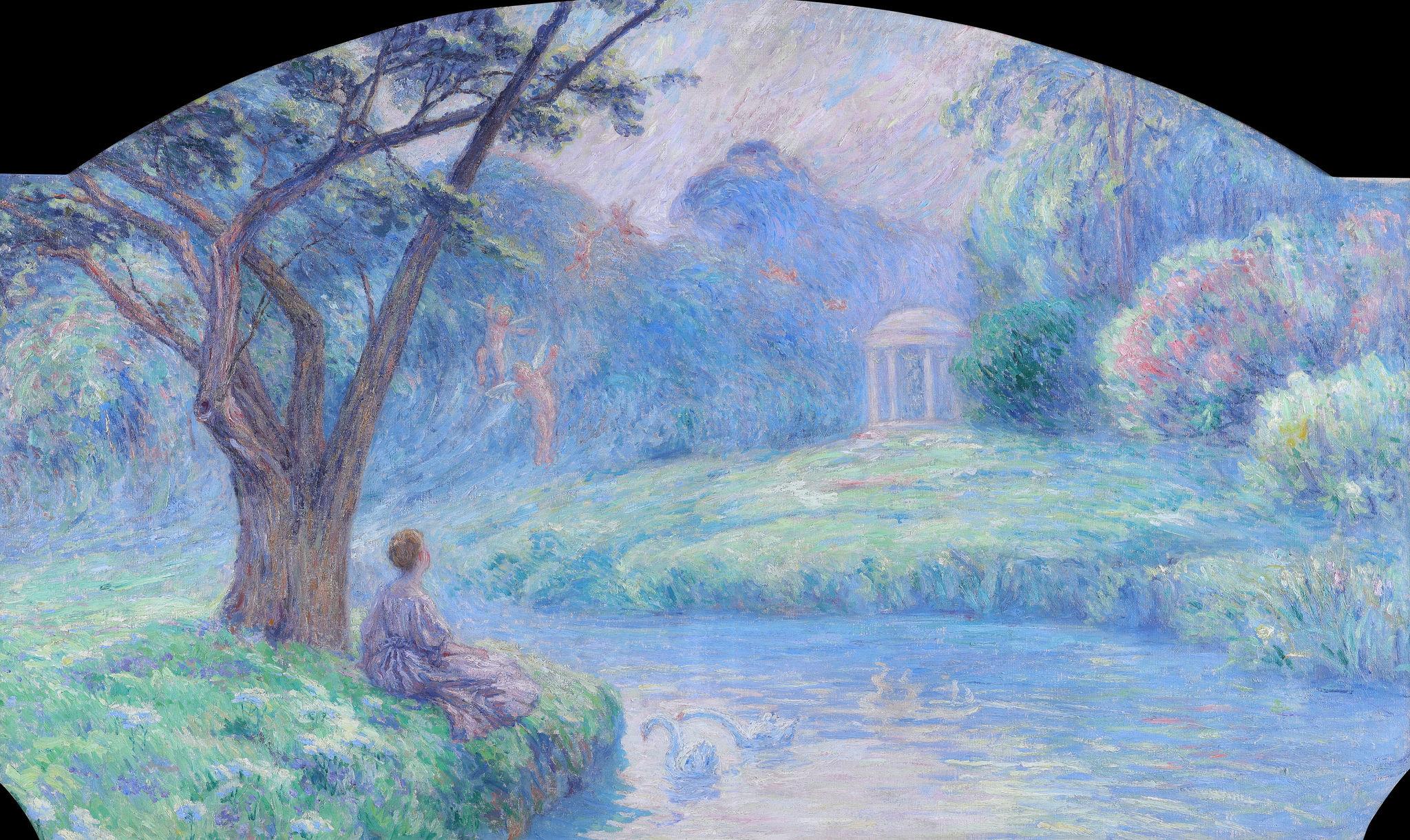 Une dame au bord d'un lac avec des cygnes et des chérubins - Painting de Joseph Vital Lacaze