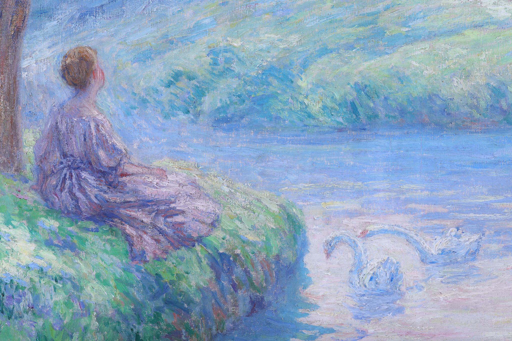 Une dame au bord d'un lac avec des cygnes et des chérubins - Post-impressionnisme Painting par Joseph Vital Lacaze