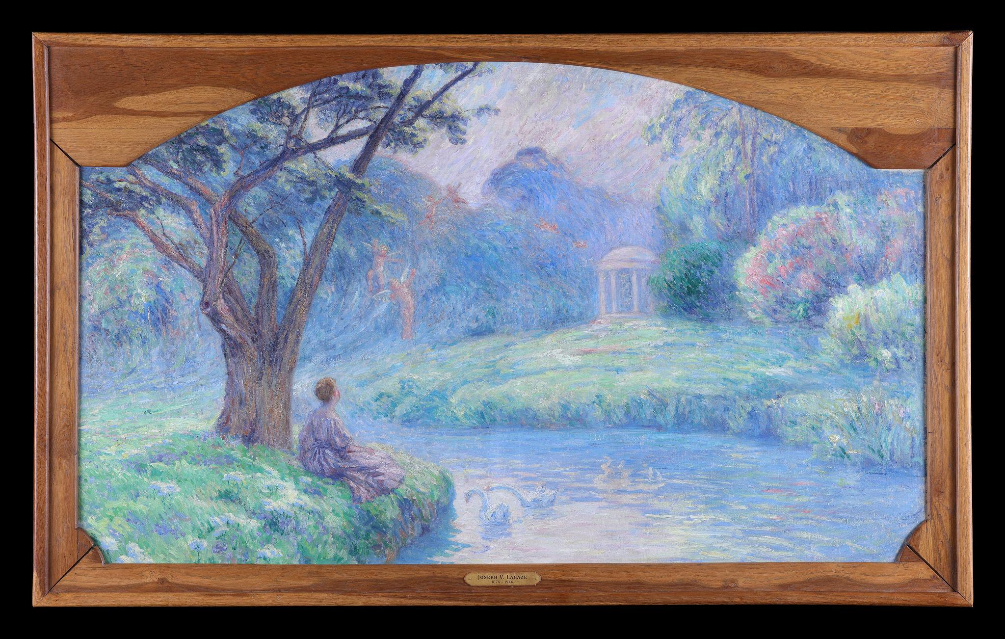 Landscape Painting Joseph Vital Lacaze - Une dame au bord d'un lac avec des cygnes et des chérubins