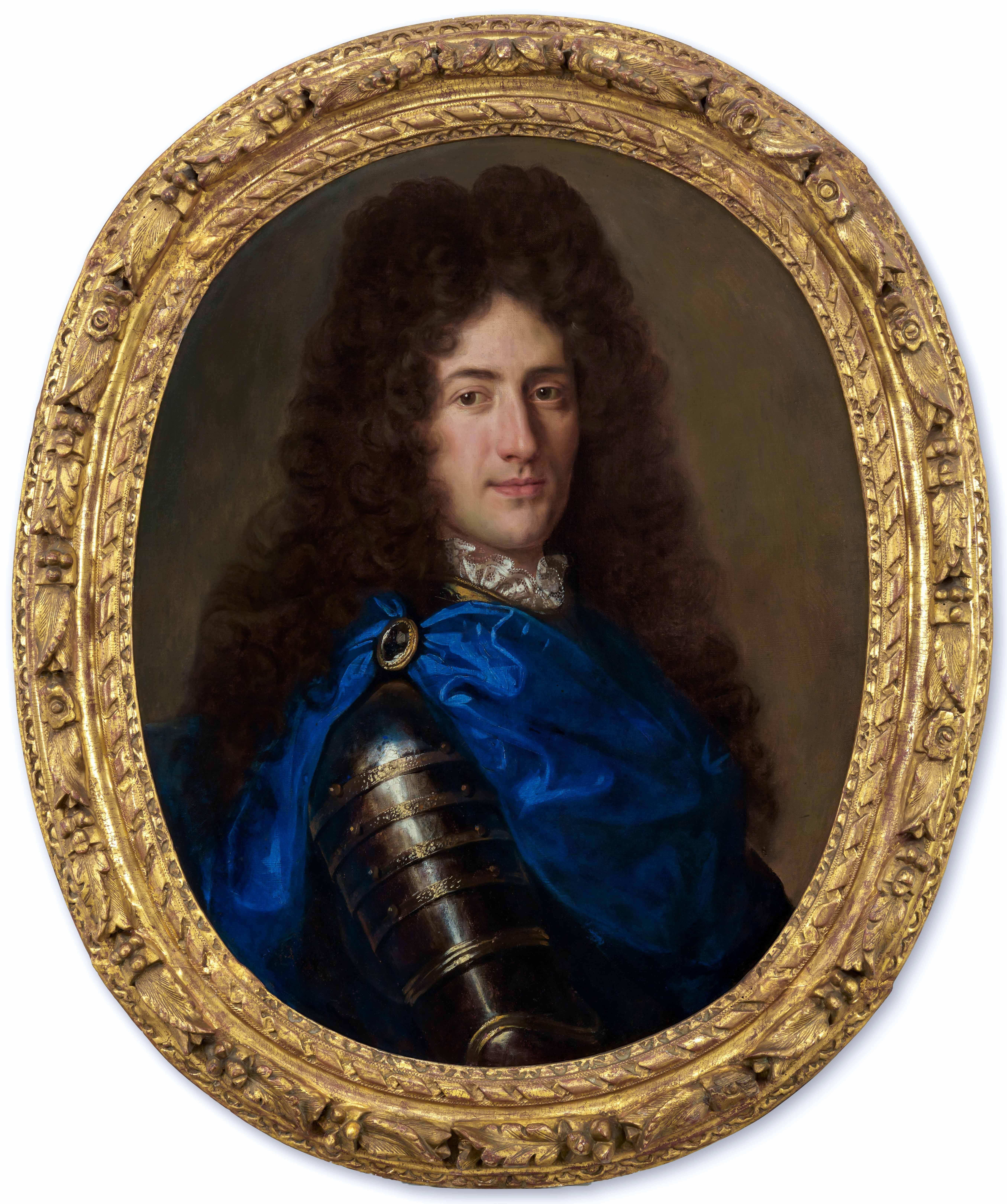 Porträt Gentleman Rüstung, blauer Mantel, Diamantbrosche um 1700 Französisch geschnitzt Rahmen