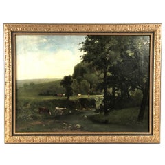 Antique Vola Joseph, huile sur toile “Vaches s’abreuvant”. XIXe