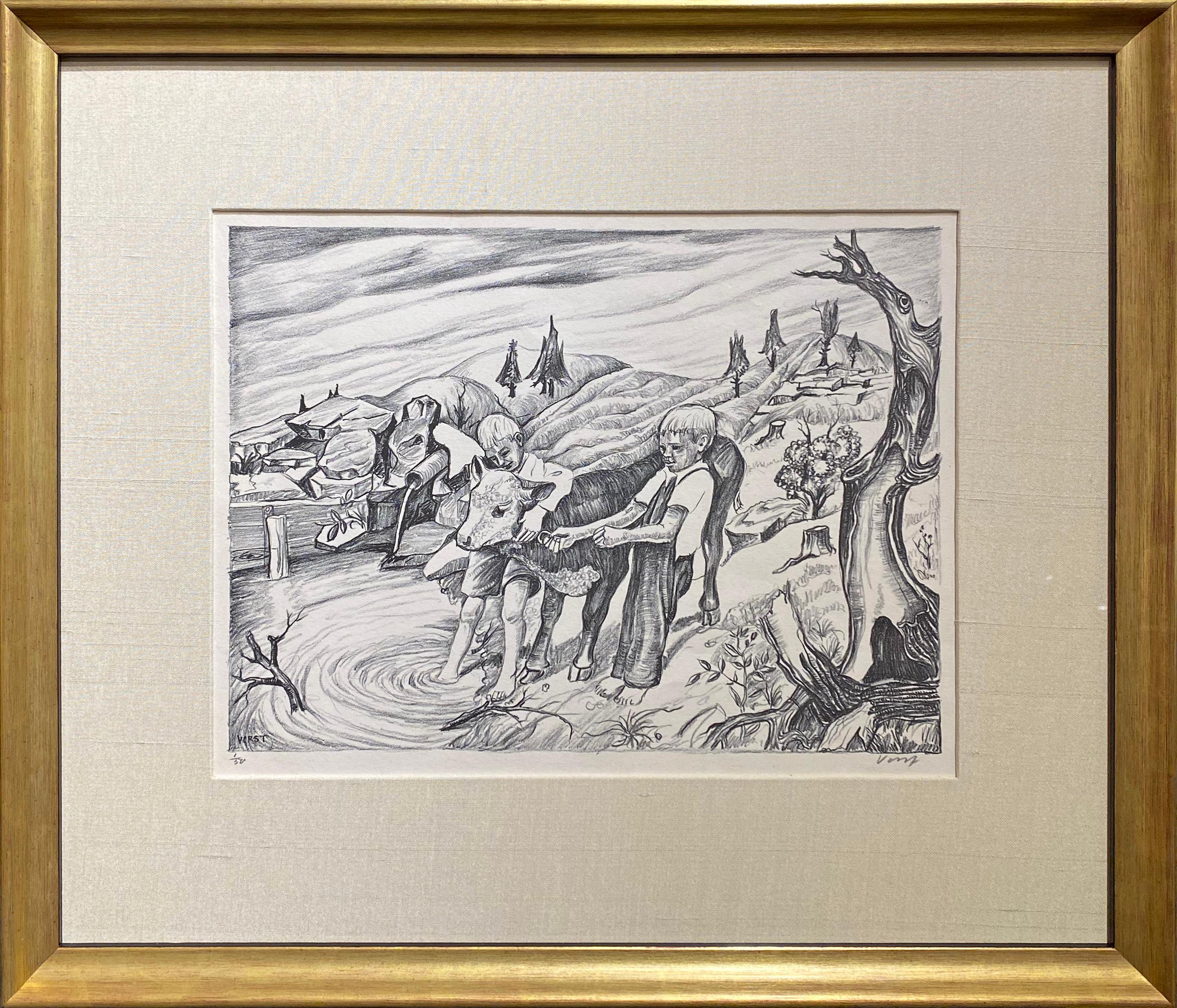 One of Their Pets (Two Farm Boys and Cow at the Watering Hole) - Print by Joseph Vorst