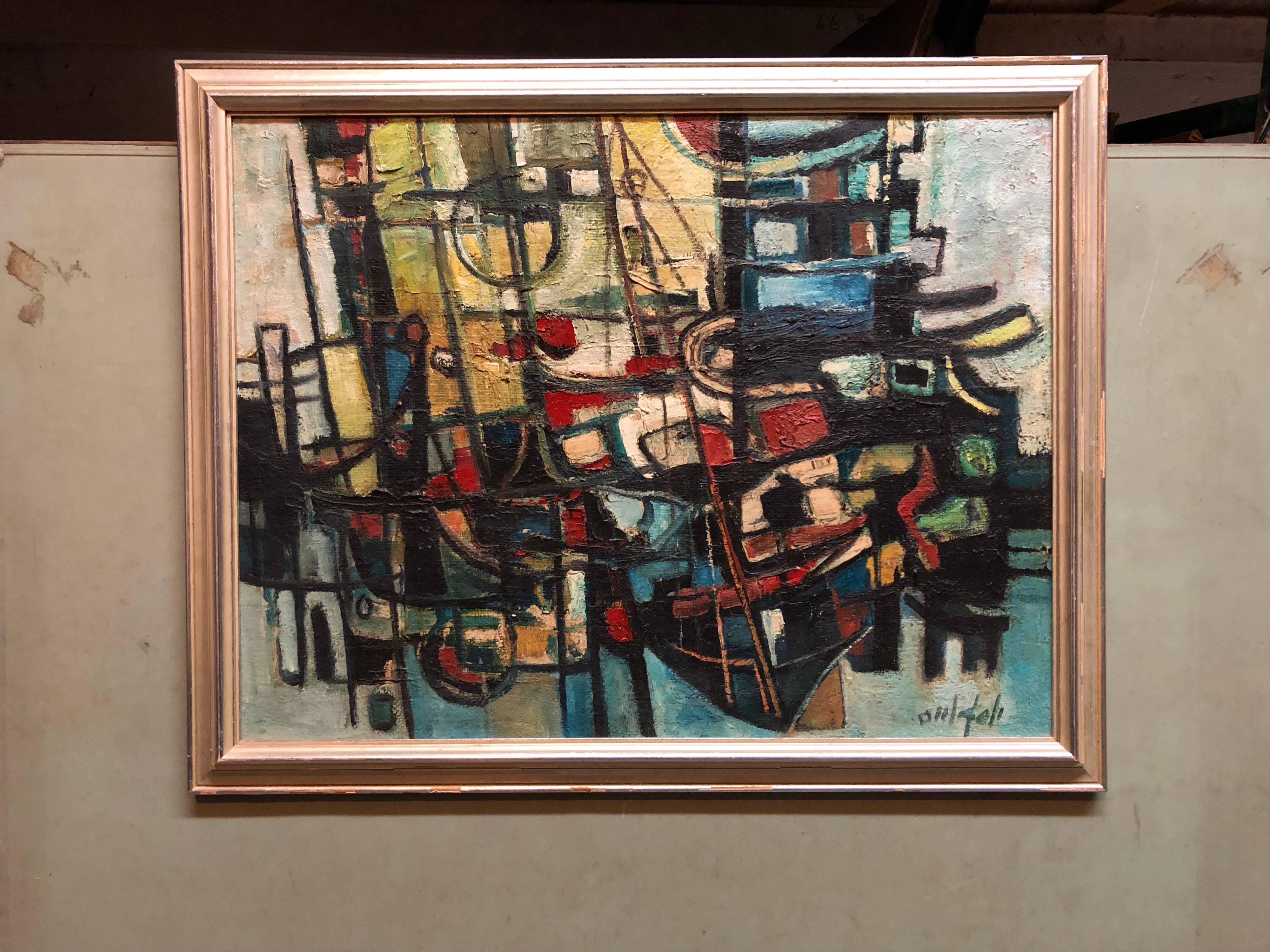 Boats in Harbor Israeli Modernist Cubist Abstract Oil Painting Rare Kibbutz Art For Sale 1