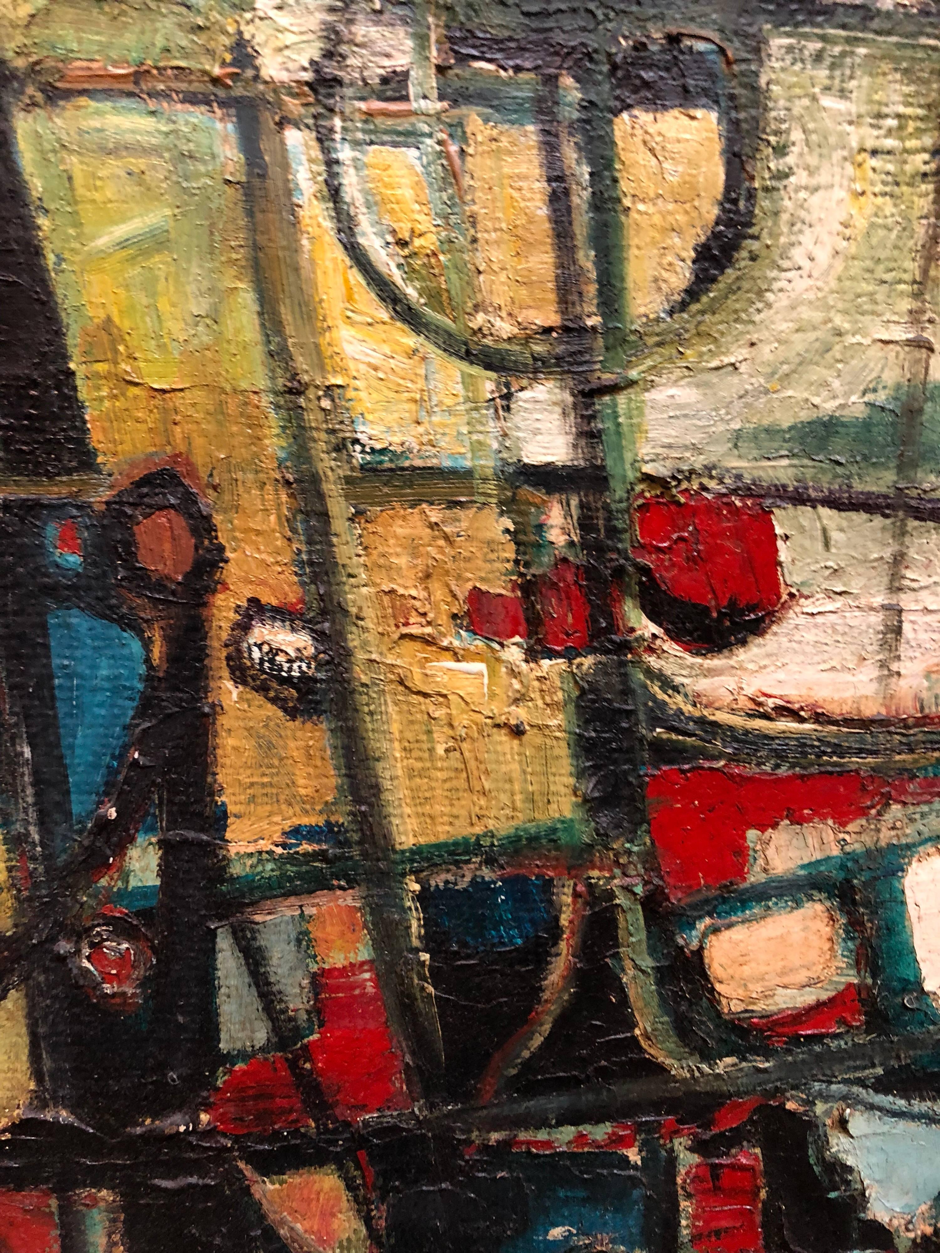 Boîtes au port israélienne, peinture à l'huile abstraite cubiste, art Kibbutz rare - Expressionnisme abstrait Painting par Joseph Weiss