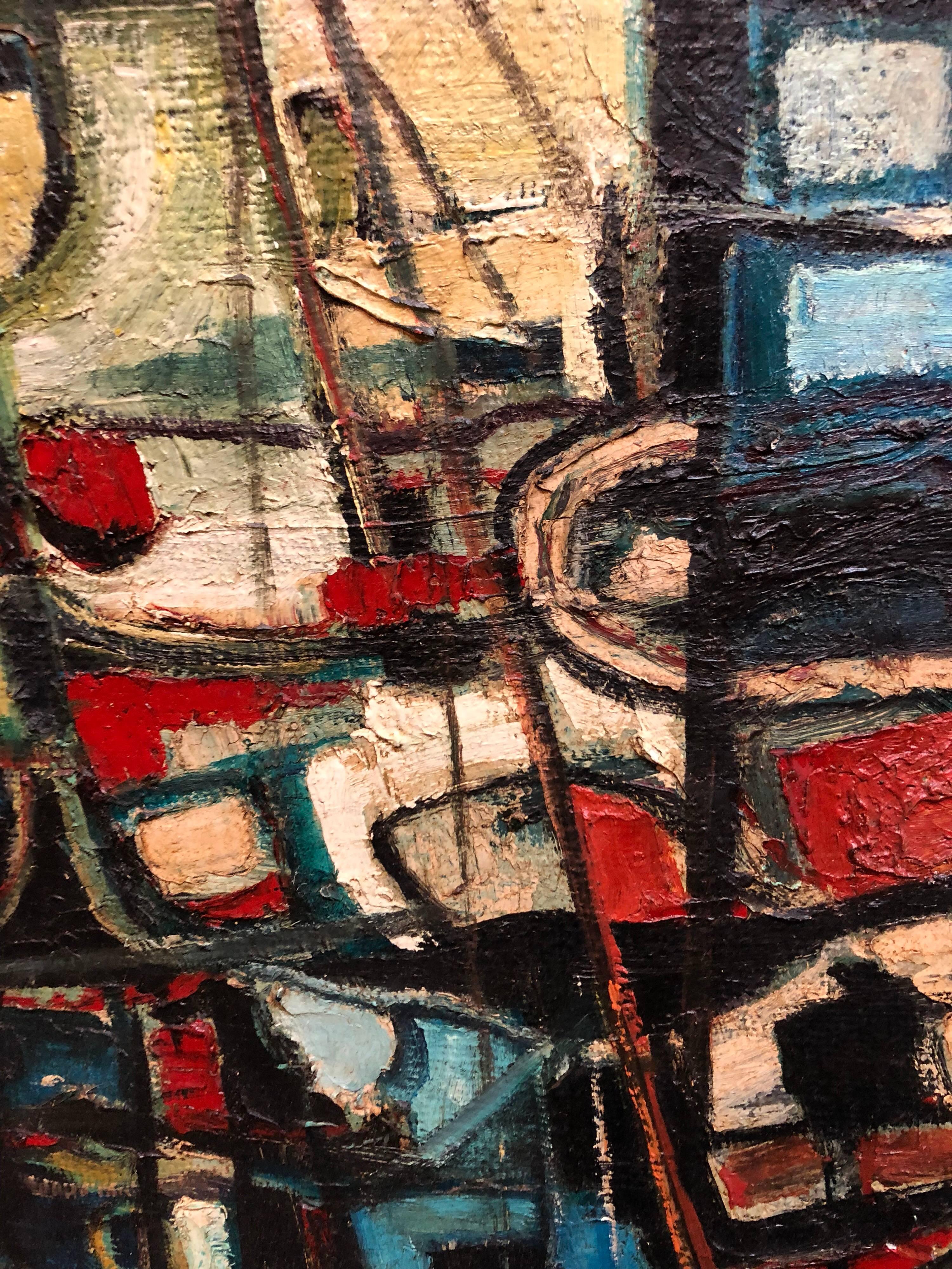 Scène abstraite colorée du milieu du siècle représentant des bateaux dans un port. Signé et titré en hébreu au recto et titré et signé en hébreu et en anglais au verso.

Joseph Weiss, peintre, sculpteur, gravure sur bois. né en 1916 en Roumanie.