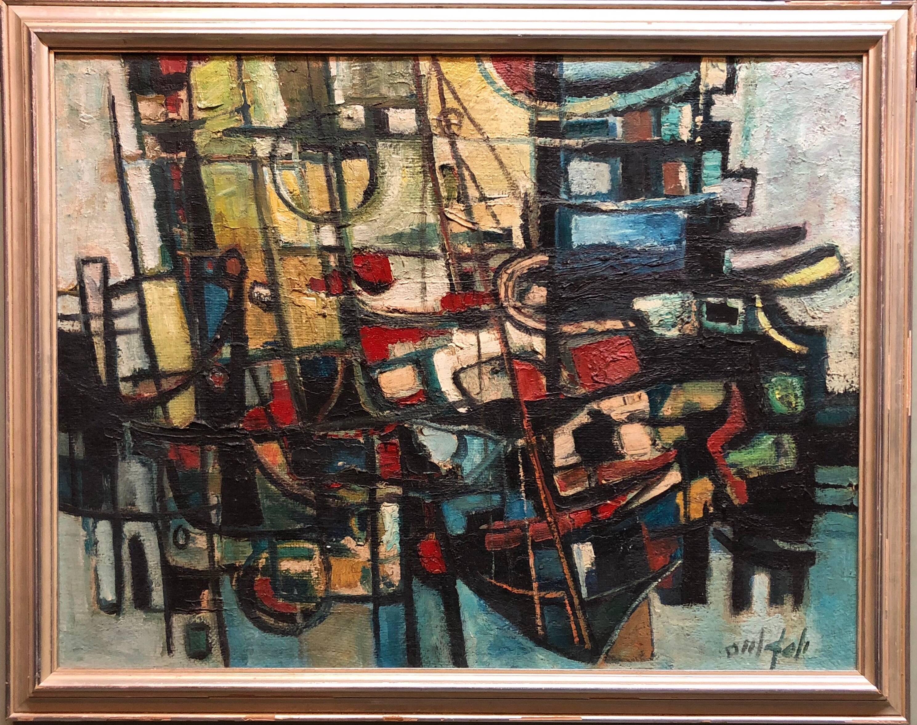 Boîtes au port israélienne, peinture à l'huile abstraite cubiste, art Kibbutz rare