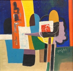 Nature morte abstraite cubiste moderniste israélienne avec oiseau  Peinture à l'huile