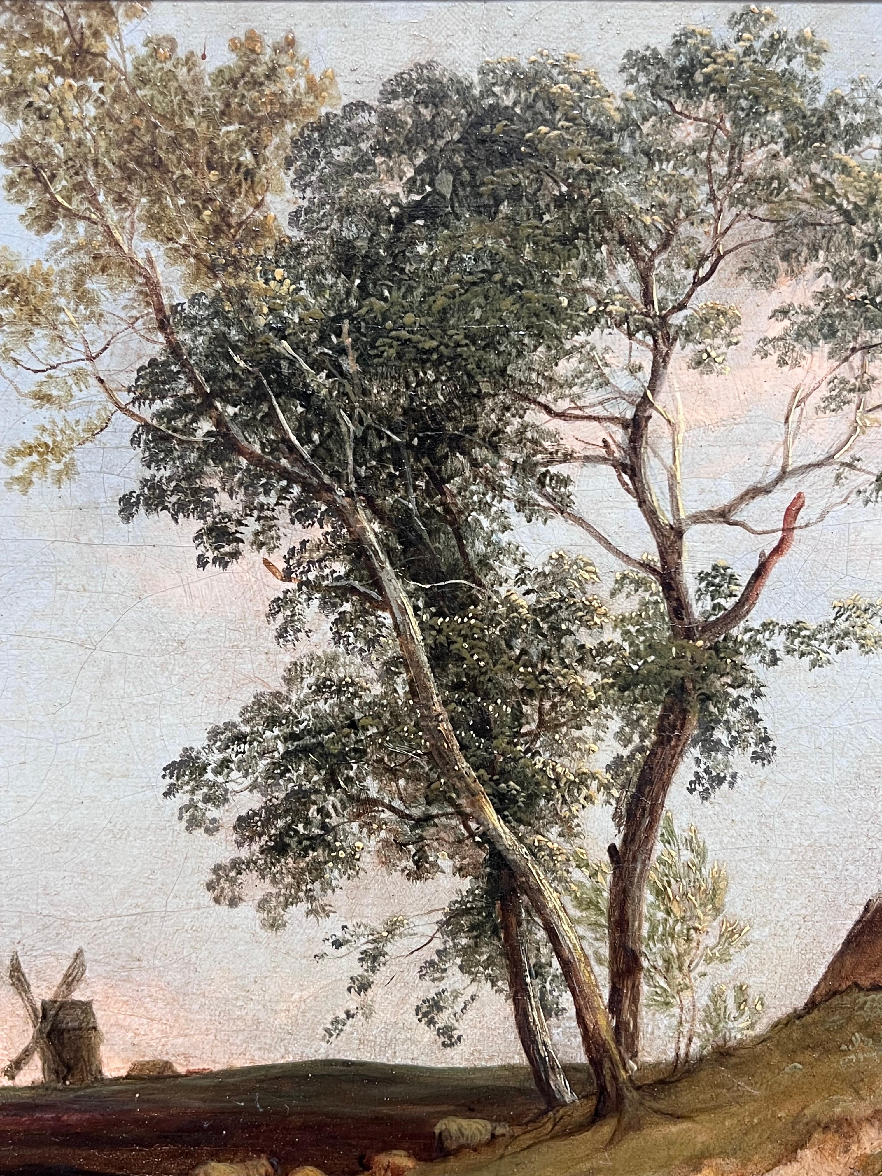 Olio britannico del 1850 di grandi dimensioni Paesaggio rurale panoramico Pecore e mulini a vento 6