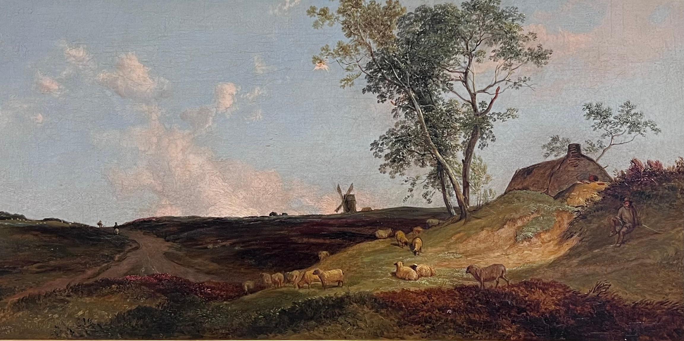 Olio britannico del 1850 di grandi dimensioni Paesaggio rurale panoramico Pecore e mulini a vento - Painting di Joseph William Allen
