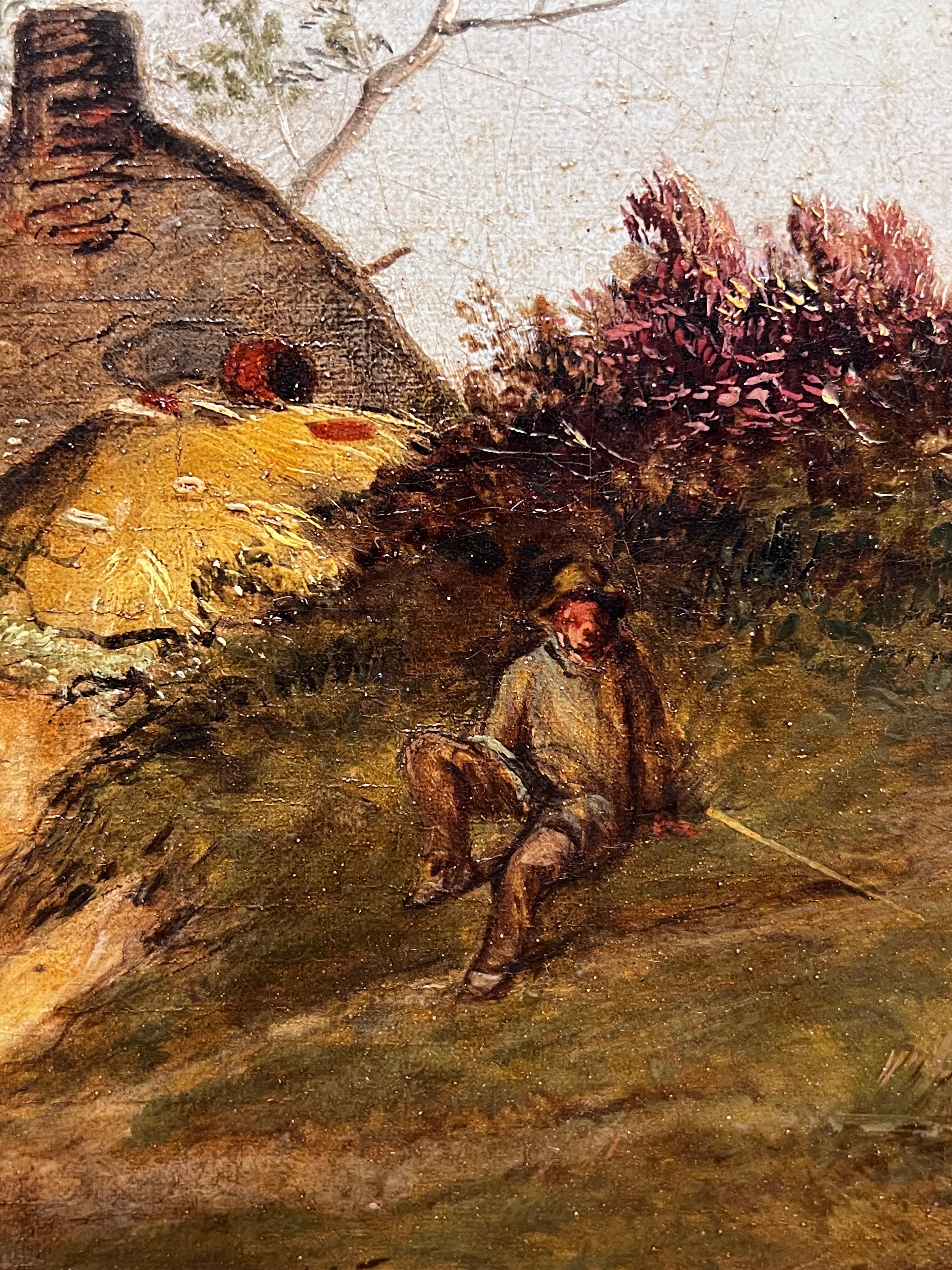 Olio britannico del 1850 di grandi dimensioni Paesaggio rurale panoramico Pecore e mulini a vento - Landscape Painting Marrone di Joseph William Allen