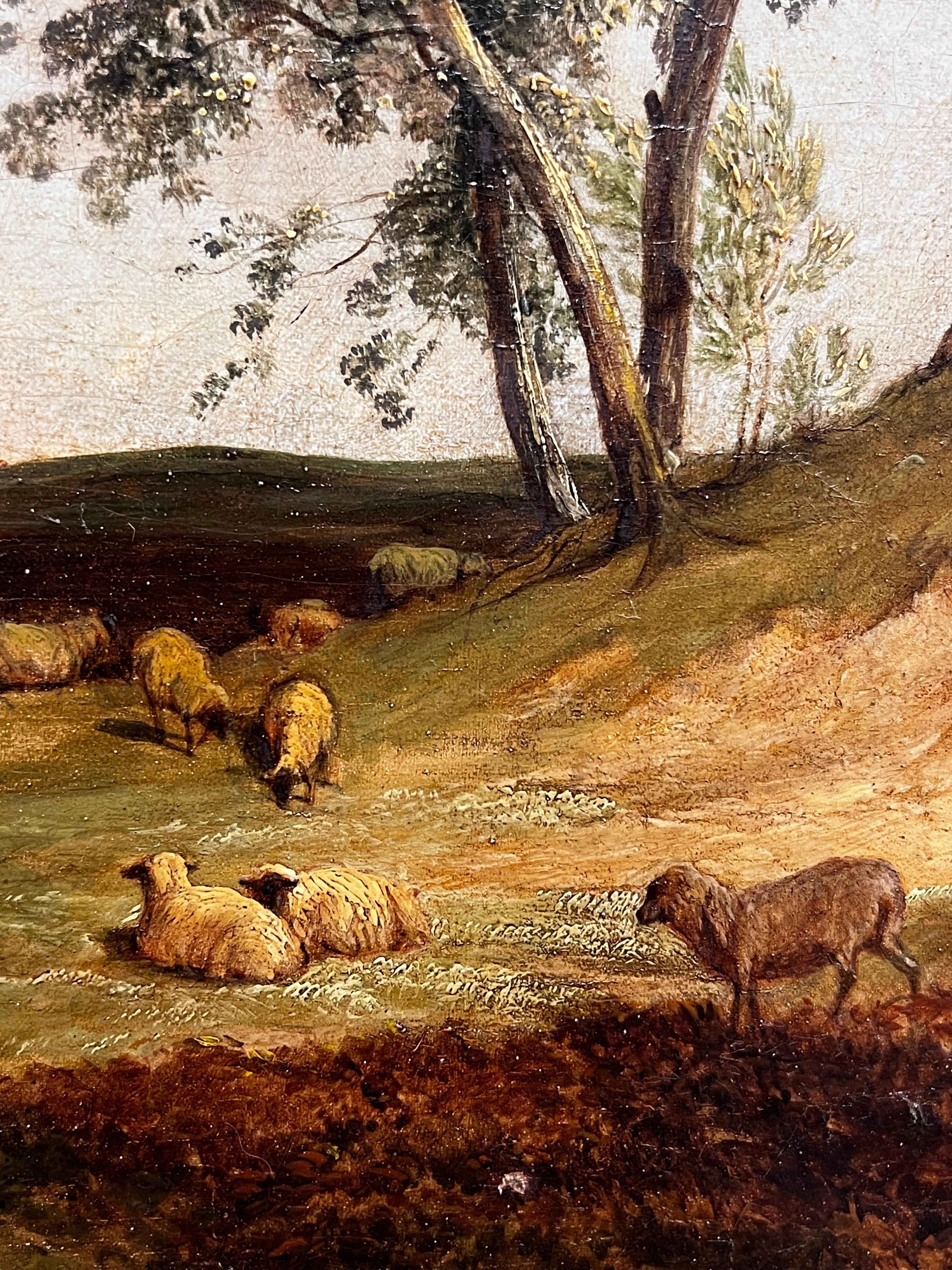 Olio britannico del 1850 di grandi dimensioni Paesaggio rurale panoramico Pecore e mulini a vento 1
