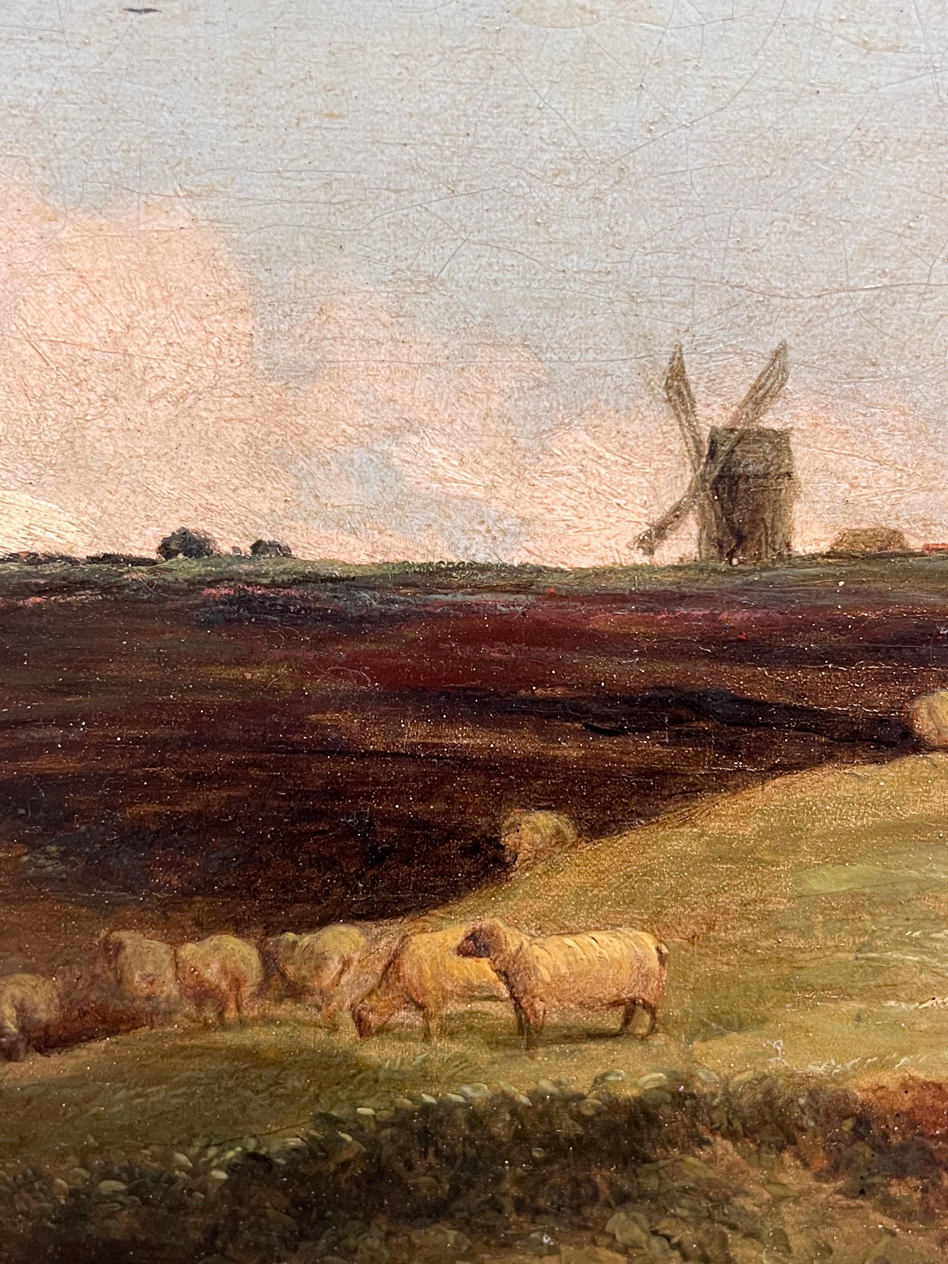 Olio britannico del 1850 di grandi dimensioni Paesaggio rurale panoramico Pecore e mulini a vento 2