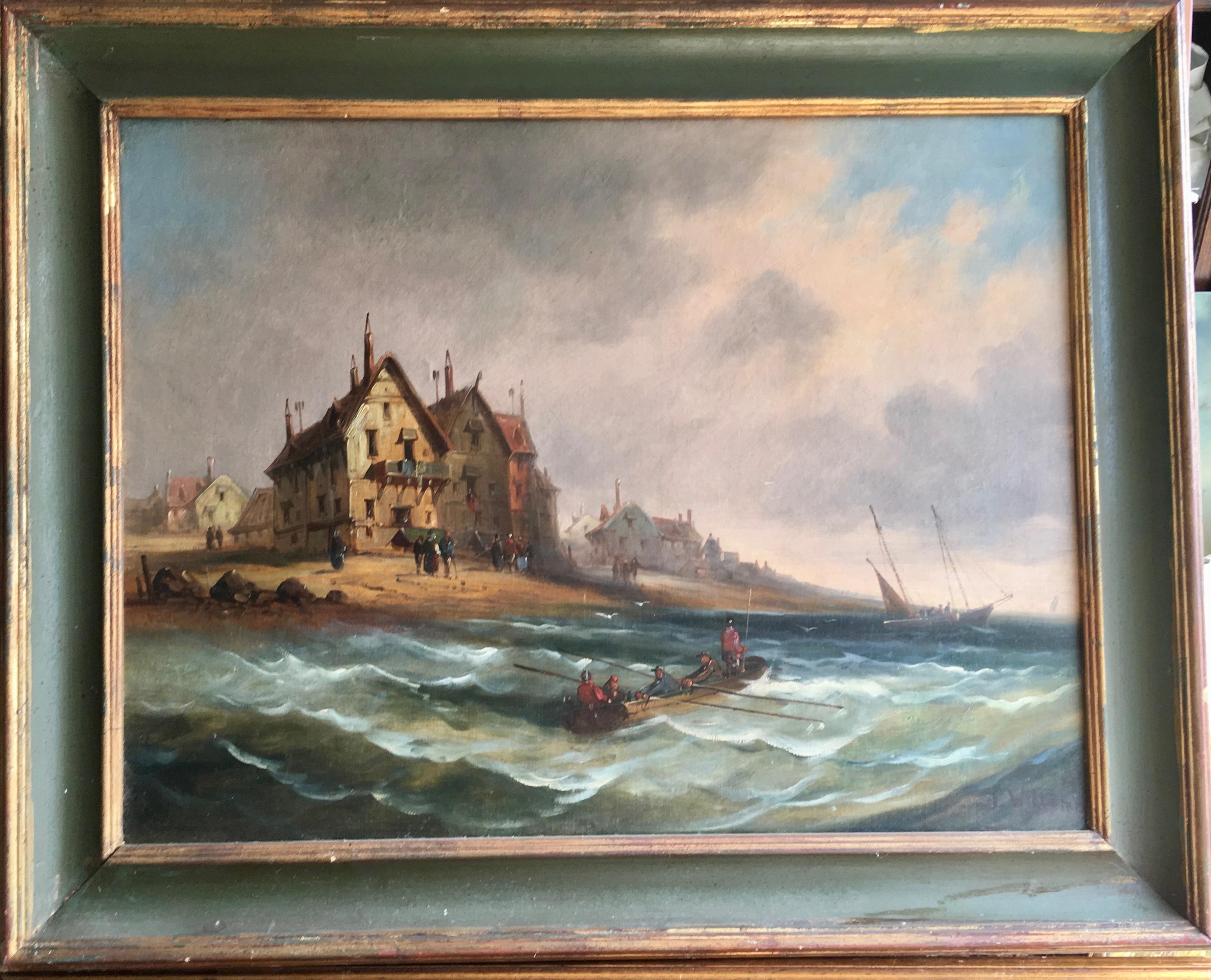 Joseph Williams Figurative Painting - 19th century oil, Dutch or Belgium Marine scene with fishing boats coming ashore