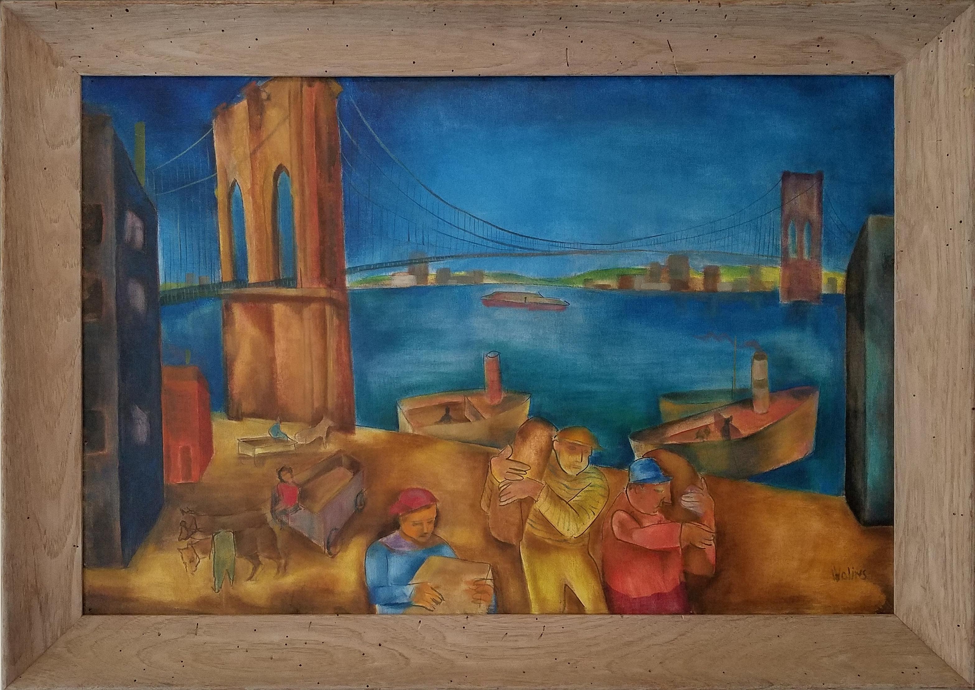 „Along the Hudson River:: Brooklyn Bridge“:: Joseph Wolins WPA New York Cityscape 1