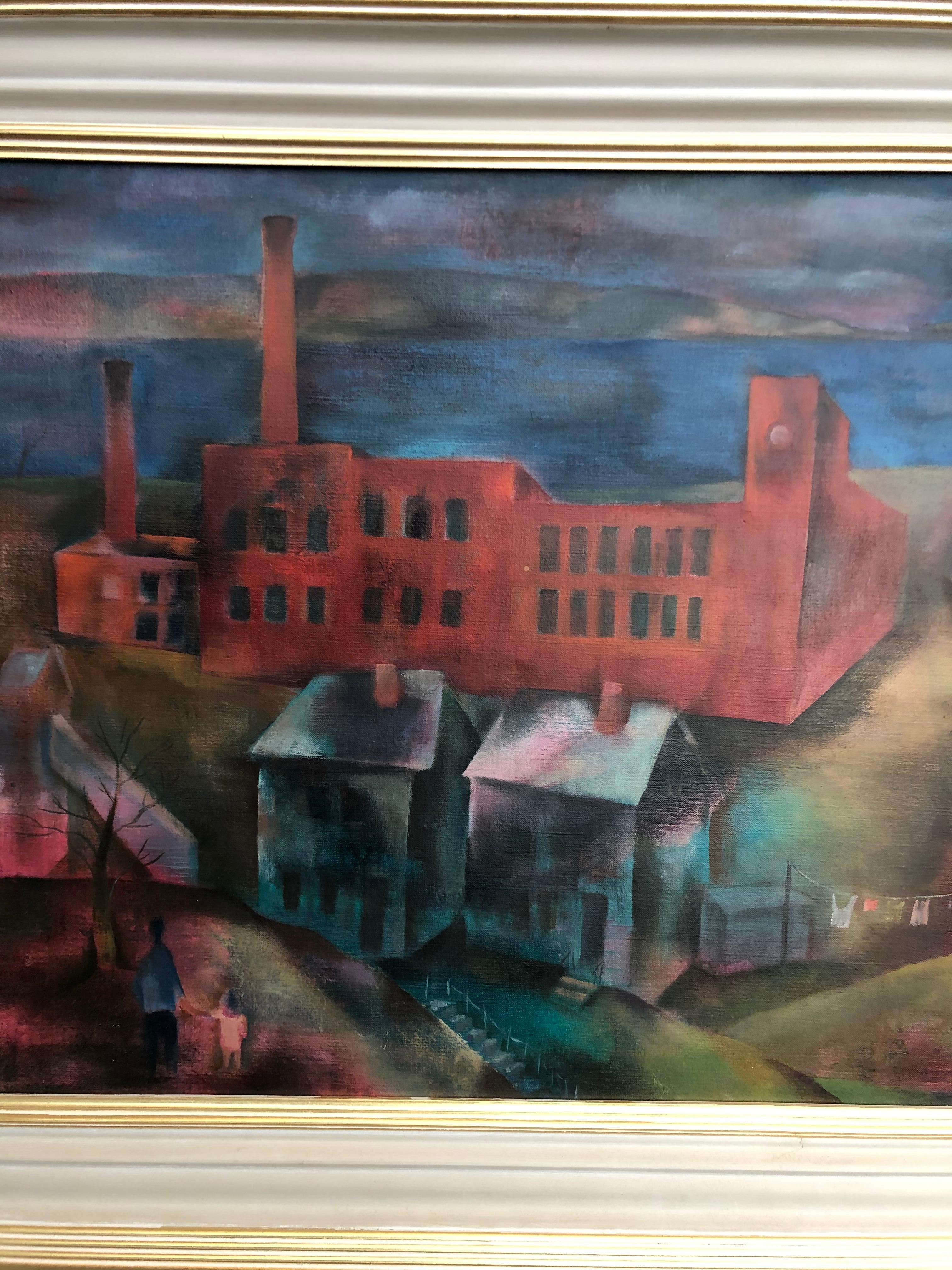 Industry Along the River - Beige Landscape Painting by Joseph Wolins
