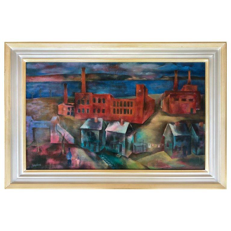 Joseph Wolins Landscape Painting – Along the River: „Industrie am Fluss“