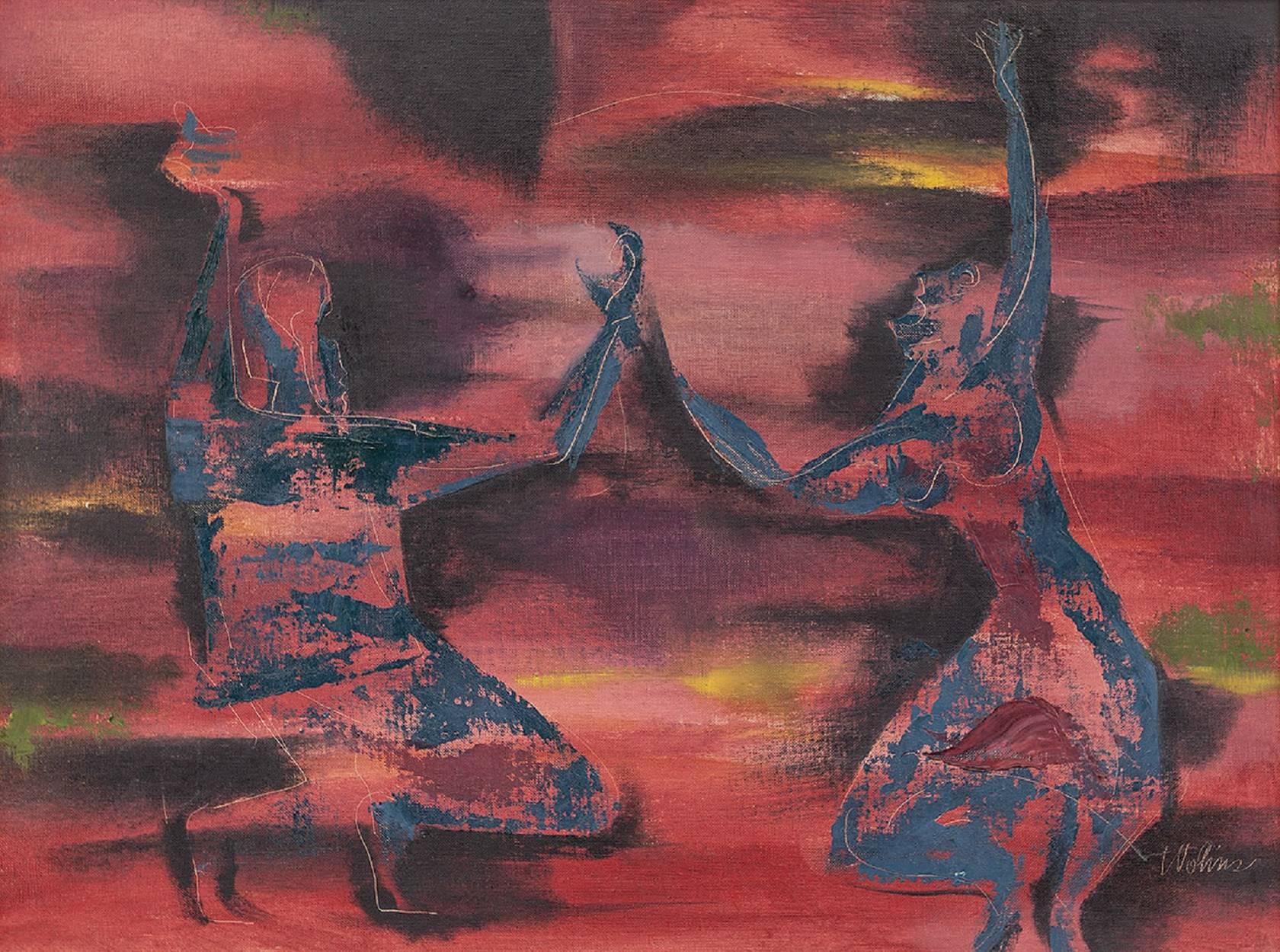 Figurative Painting Joseph Wolins - Tableau de danse moderniste israélien "Inbal Dancers at Midnight" (Danseurs d'Inbal à minuit)