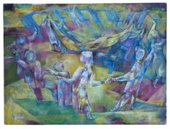 Joseph Wolins WPA Artista Bailando, Torá Modernista Judaica Cubista Pintura al óleo