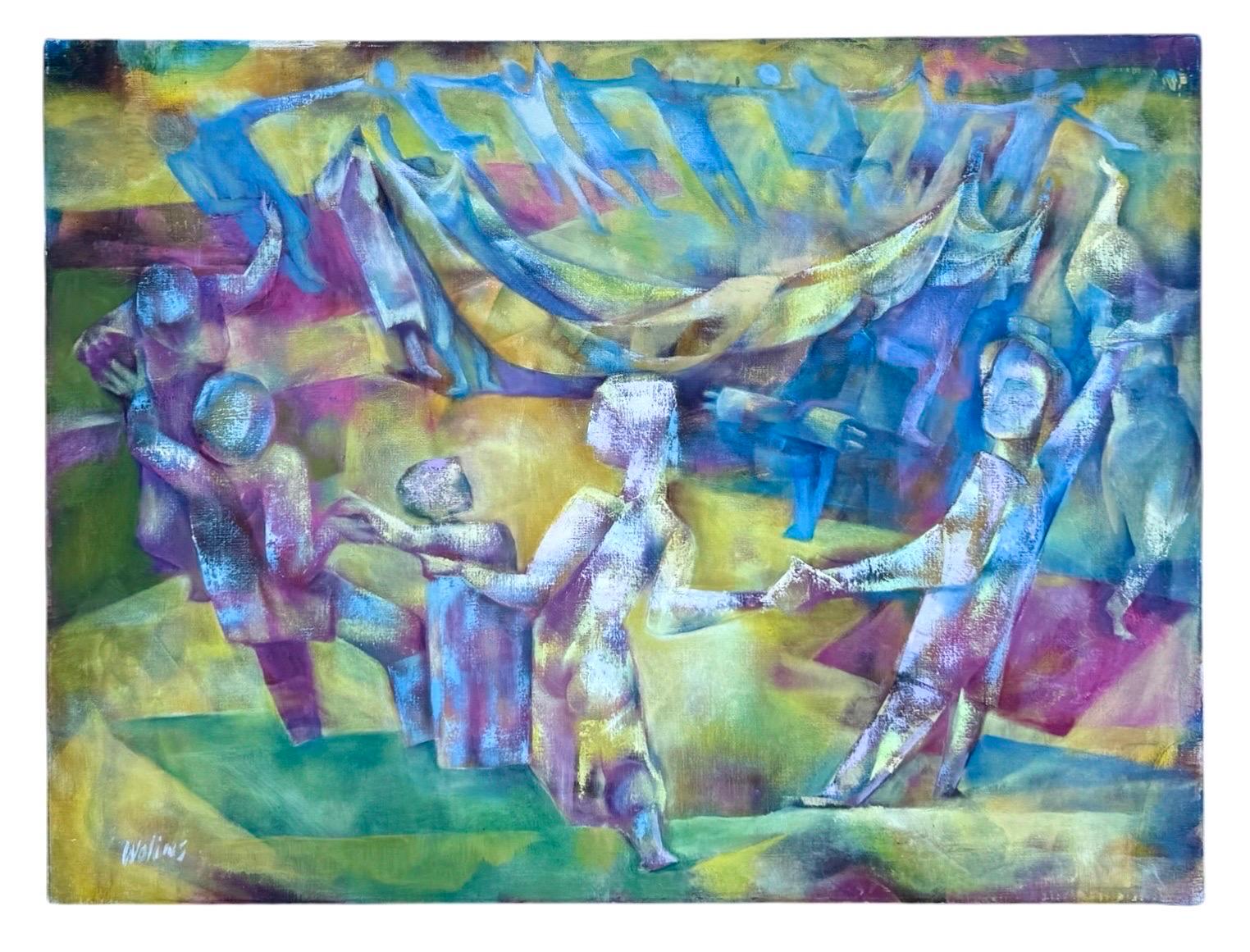 Joseph Wolins WPA Artista Bailando, Torá Modernista Judaica Cubista Pintura al óleo