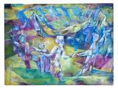 Joseph Wolins WPA Artista Bailando, Torá Modernista Judaica Cubista Pintura al óleo