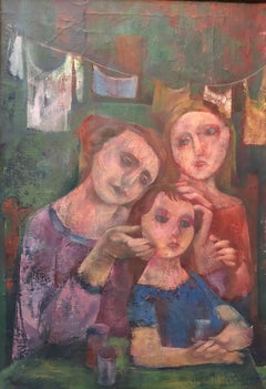 New York City Tenement Family Modernist WPA Era Oil Painting Wolins