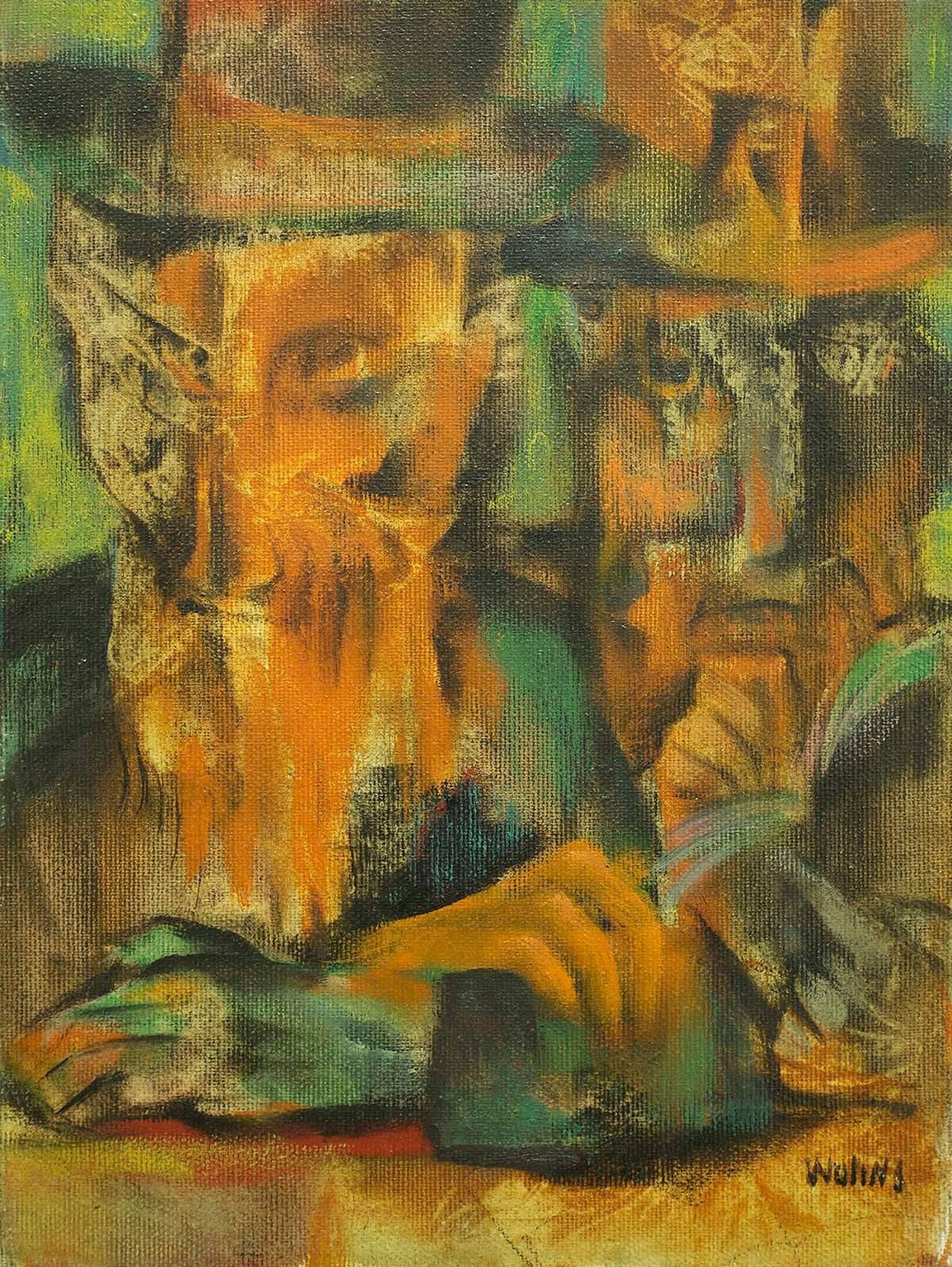 Figurative Painting Joseph Wolins - Les kabbalistes, les lapins judaïques, peinture moderniste colorée